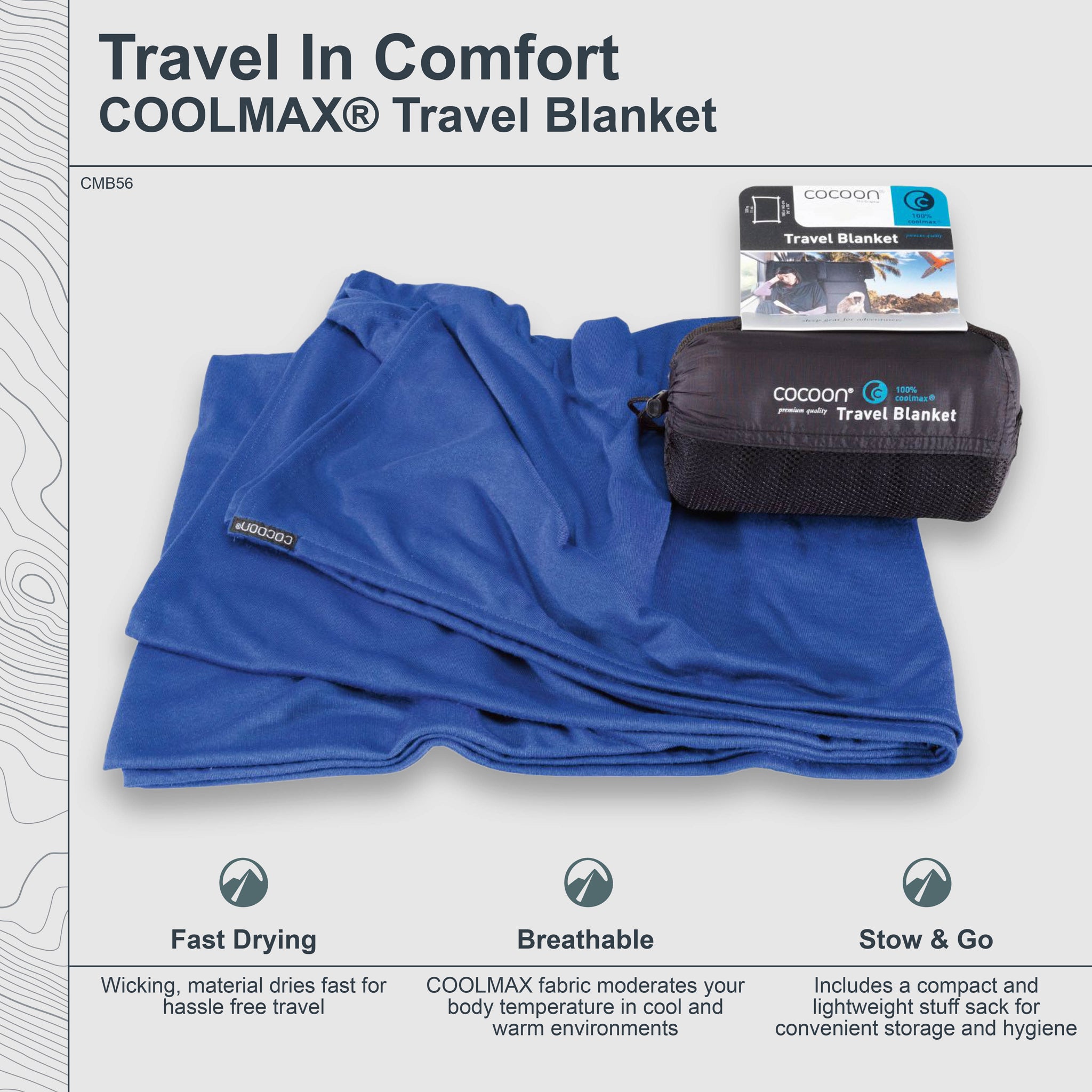 COCOON COOLMAX® travel blanket displayed, showcasing its lightweight fabric and compact design for easy portability.
