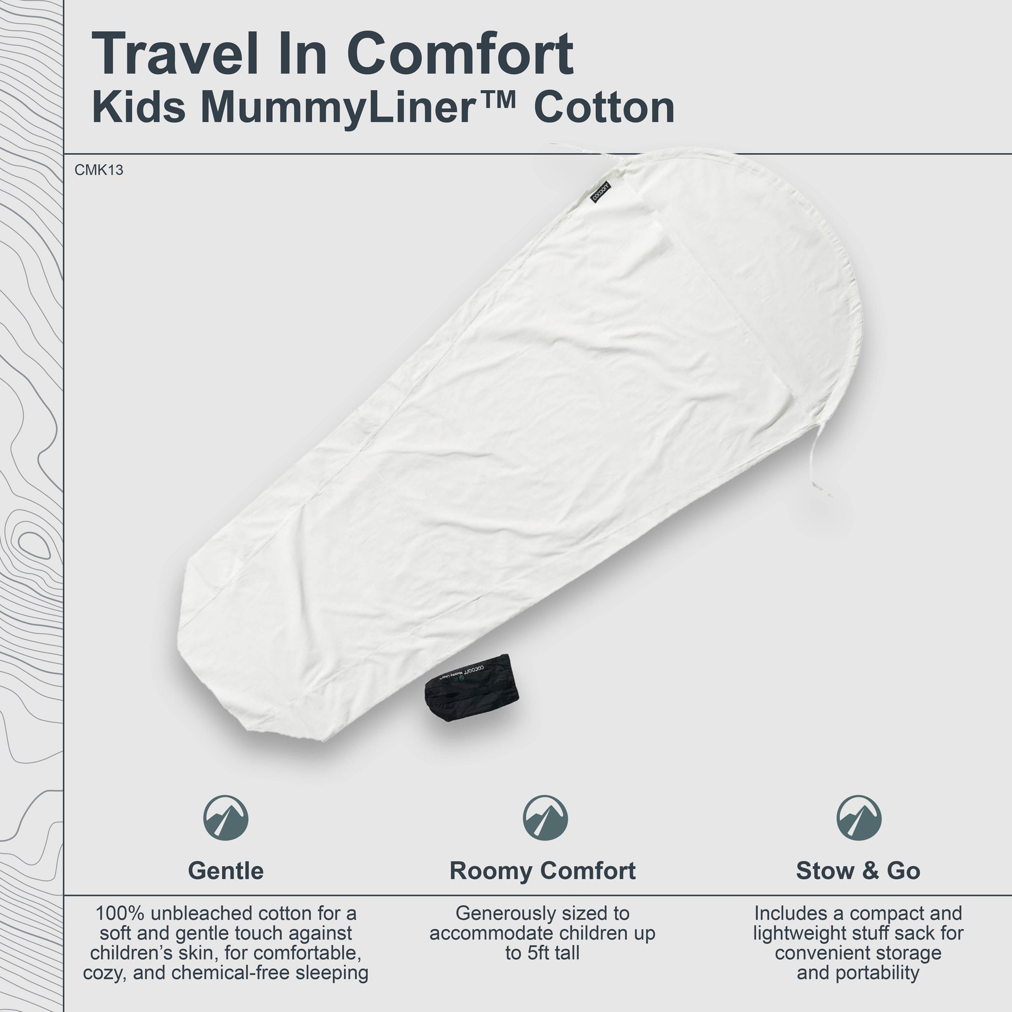Kids MummyLiner™ cotton sleeping bag by COCOON, soft white cotton interior with a mummy shape for cozy comfort.