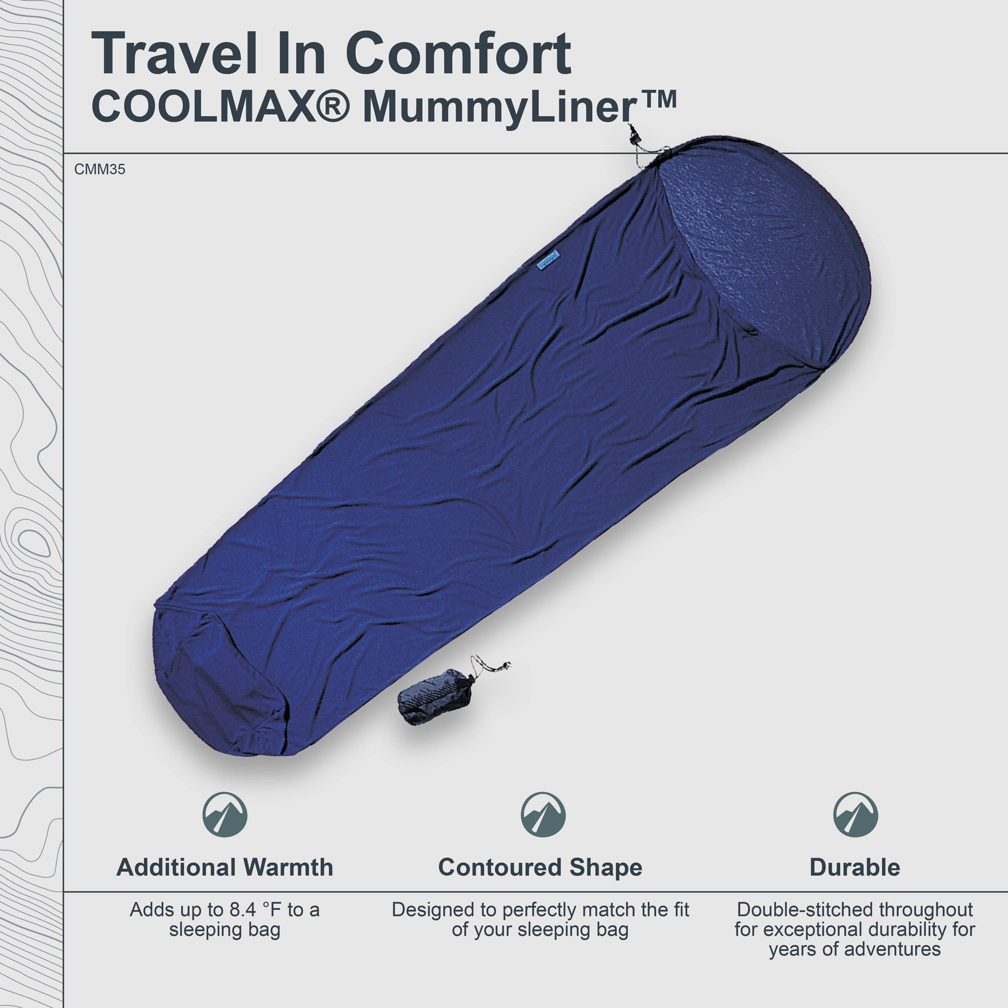 COCOON MummyLiner™ COOLMAX® sleeping bag liner in white fabric, designed for warmth and comfort during outdoor camping.