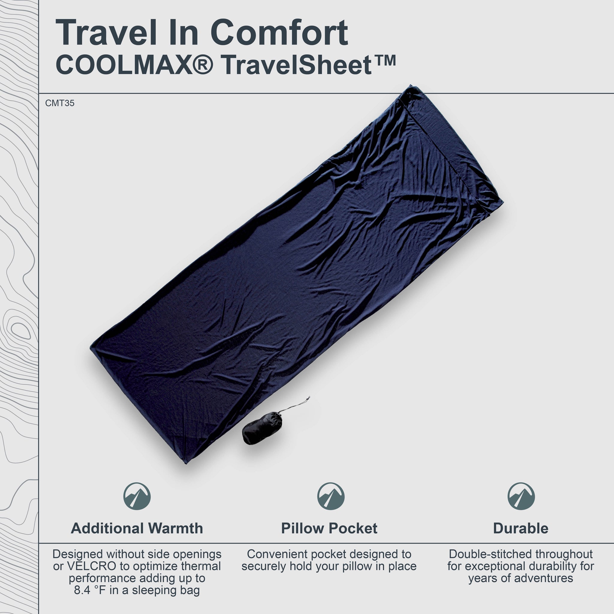 TravelSheet™ COOLMAX® by COCOON, lightweight sleep sheet with cooling fabric, shown in an infographic image.