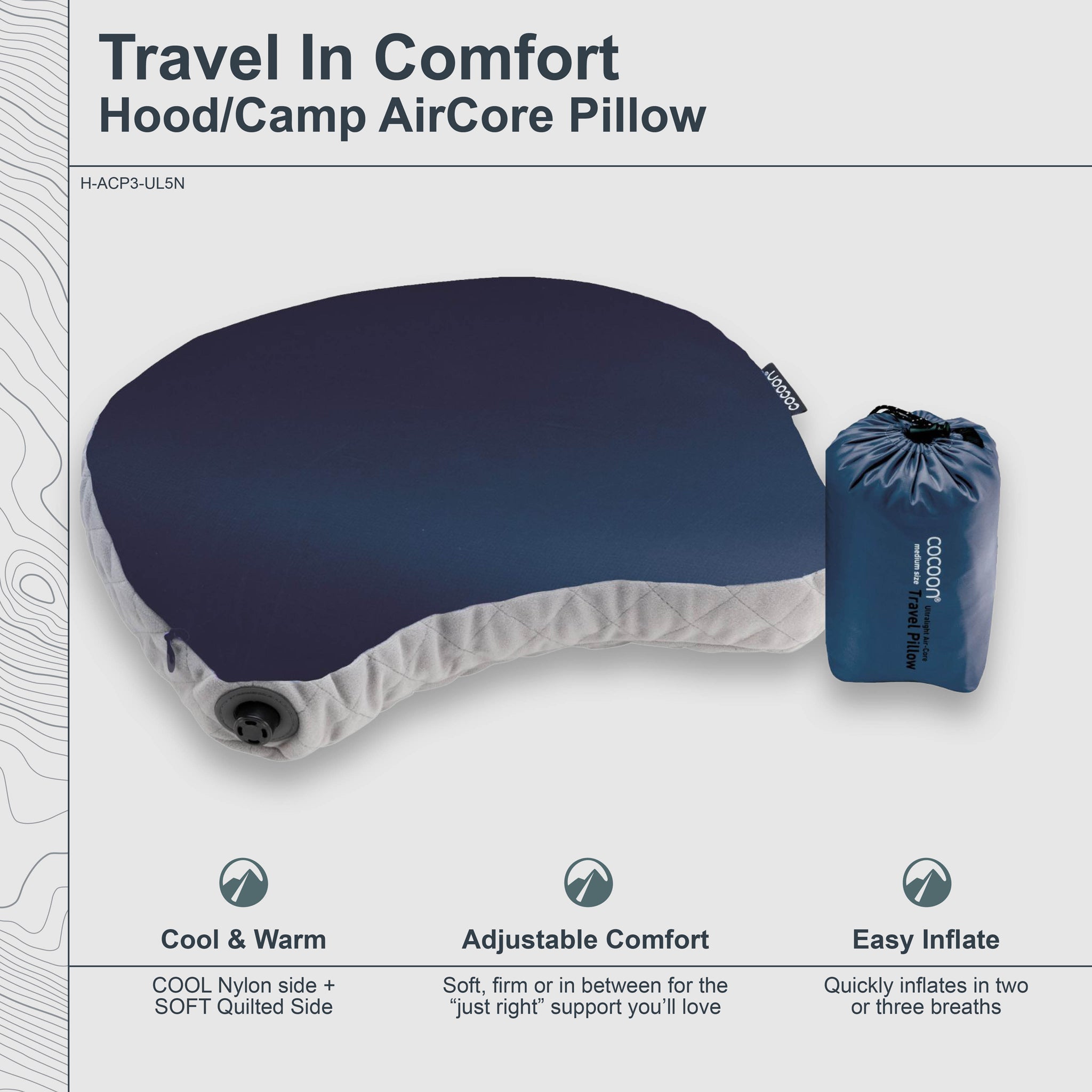 COCOON Ultralight AirCore Hood Pillow showing its compact, ergonomic design with adjustable support for travel comfort