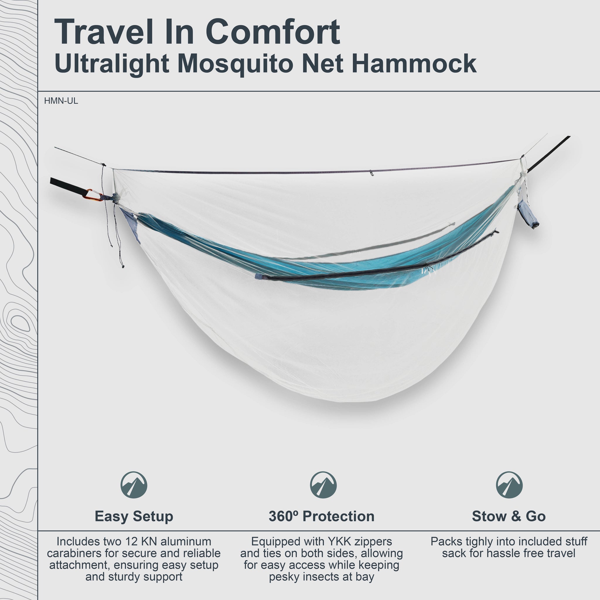 Ultralight COCOON mosquito net for hammocks, shown draped over a hammock, provides insect protection and breathable coverage.