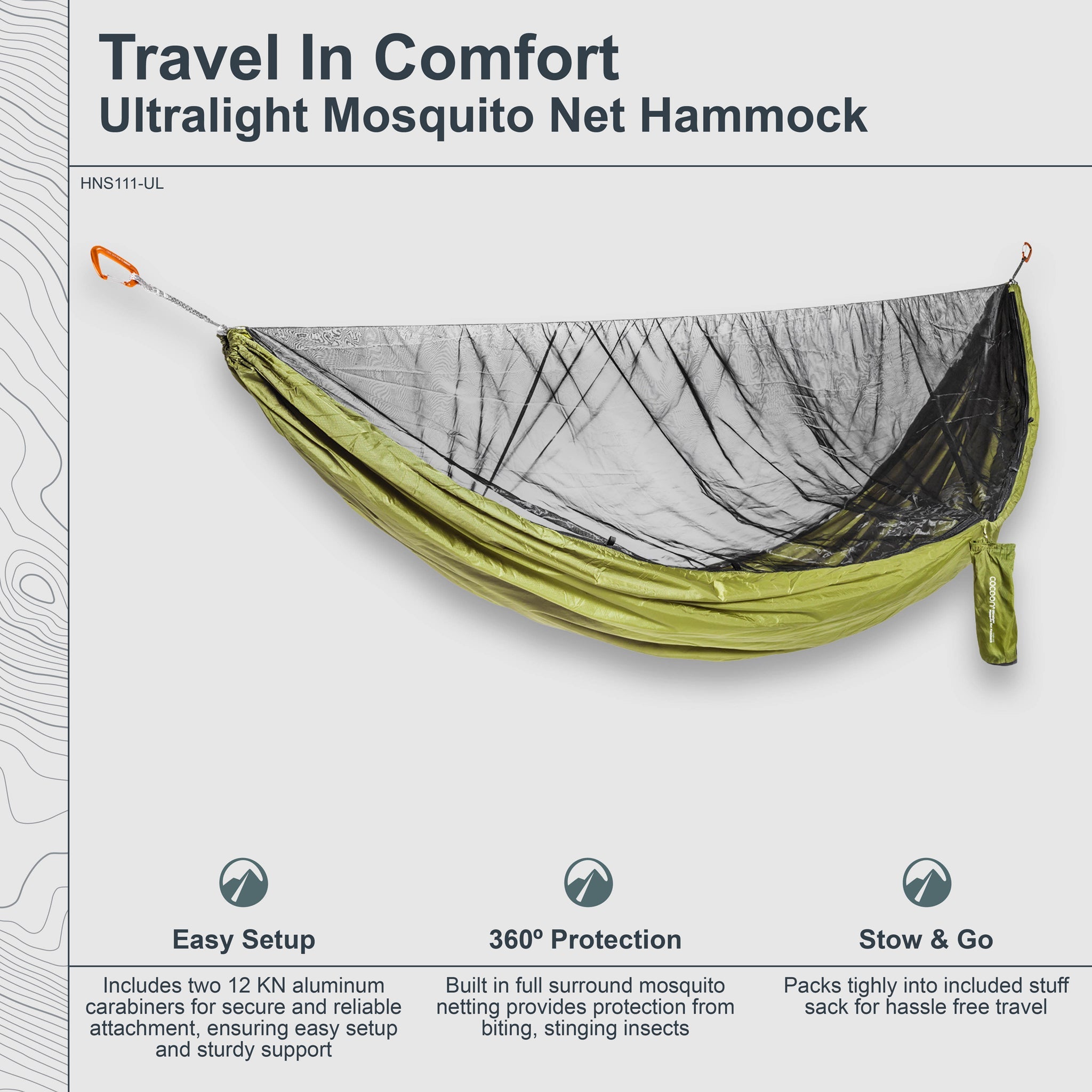 COCOON ultralight mosquito net hammock with breathable mesh and suspension system, ideal for outdoor camping and relaxing in nature.