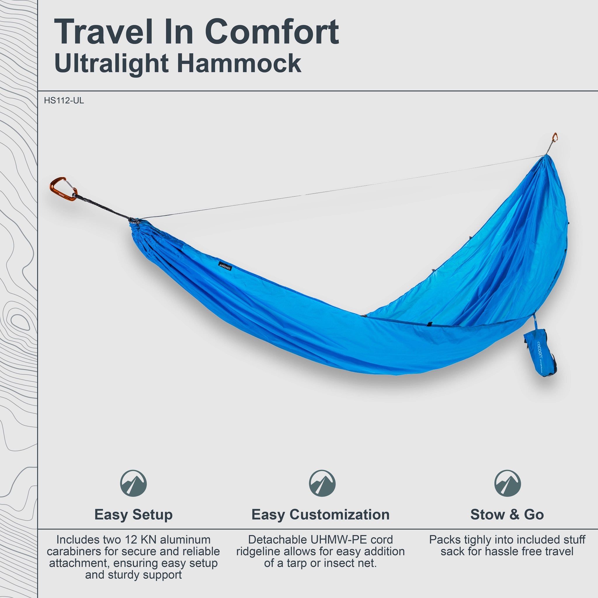 Ultralight COCOON single travel hammock shown folded and set up for outdoor relaxation, made of lightweight material for easy portability.
