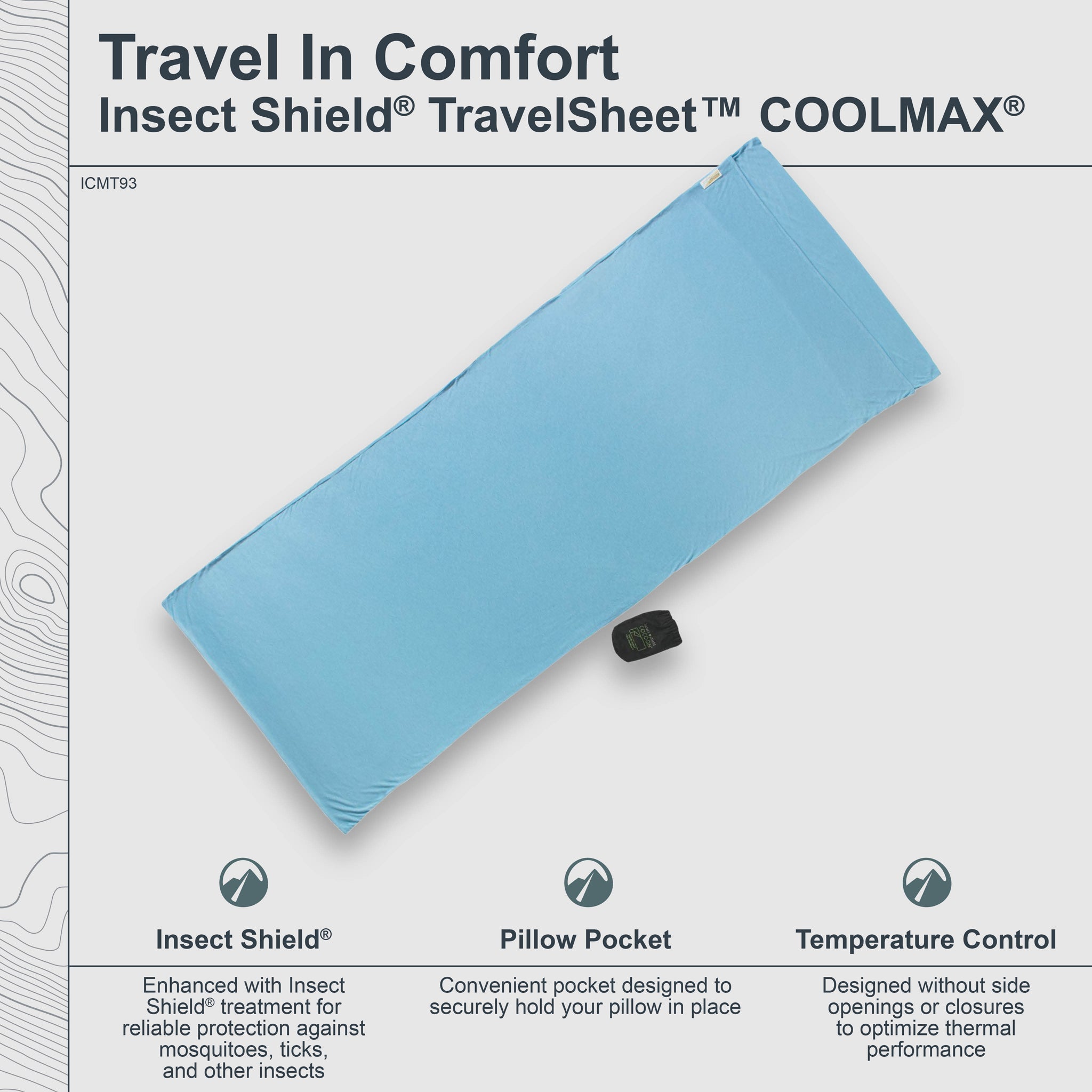 Cocoon Insect Shield TravelSheet COOLMAX fabric, lightweight outdoor sleeping bag liner with insect repellent protection.