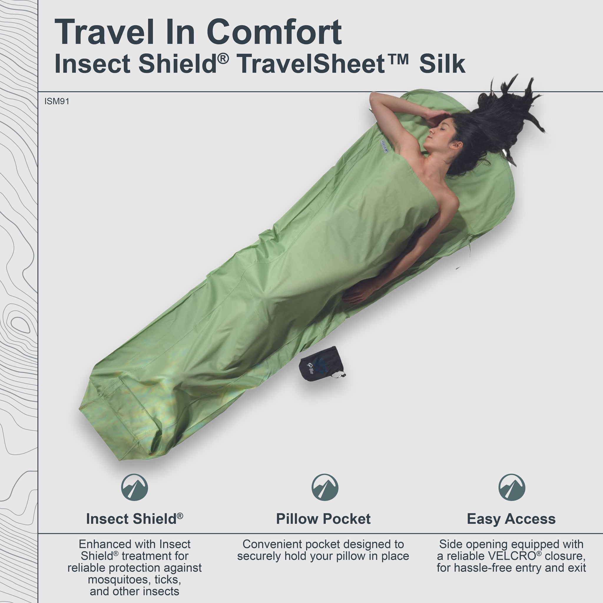 Insect Shield® MummyLiner™ Silk by COCOON, showcasing lightweight, breathable fabric in a mummy sleeping bag shape.