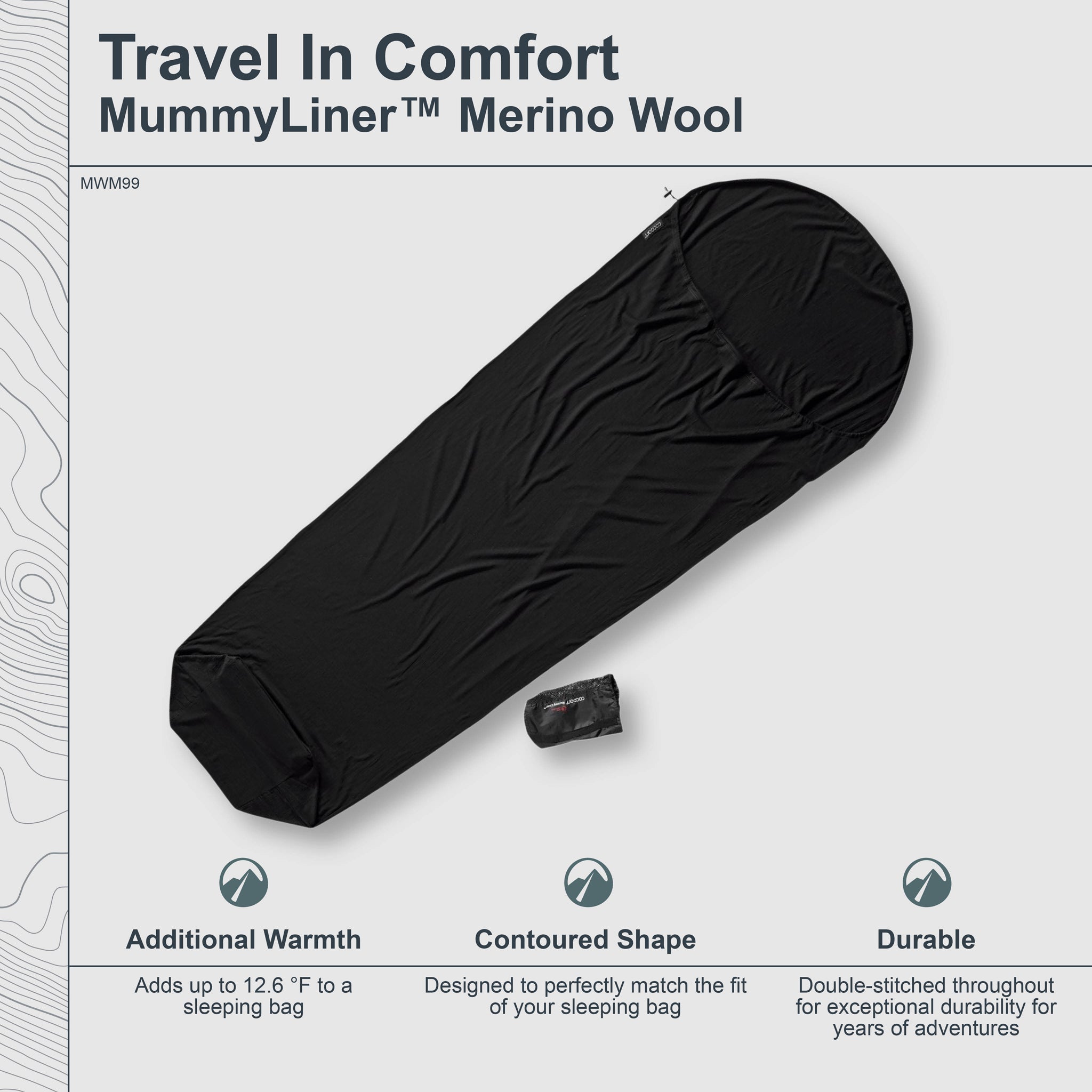 COCOON MummyLiner™ Merino Wool sleeping bag liner, soft and breathable Merino wool for added warmth and comfort during camping.