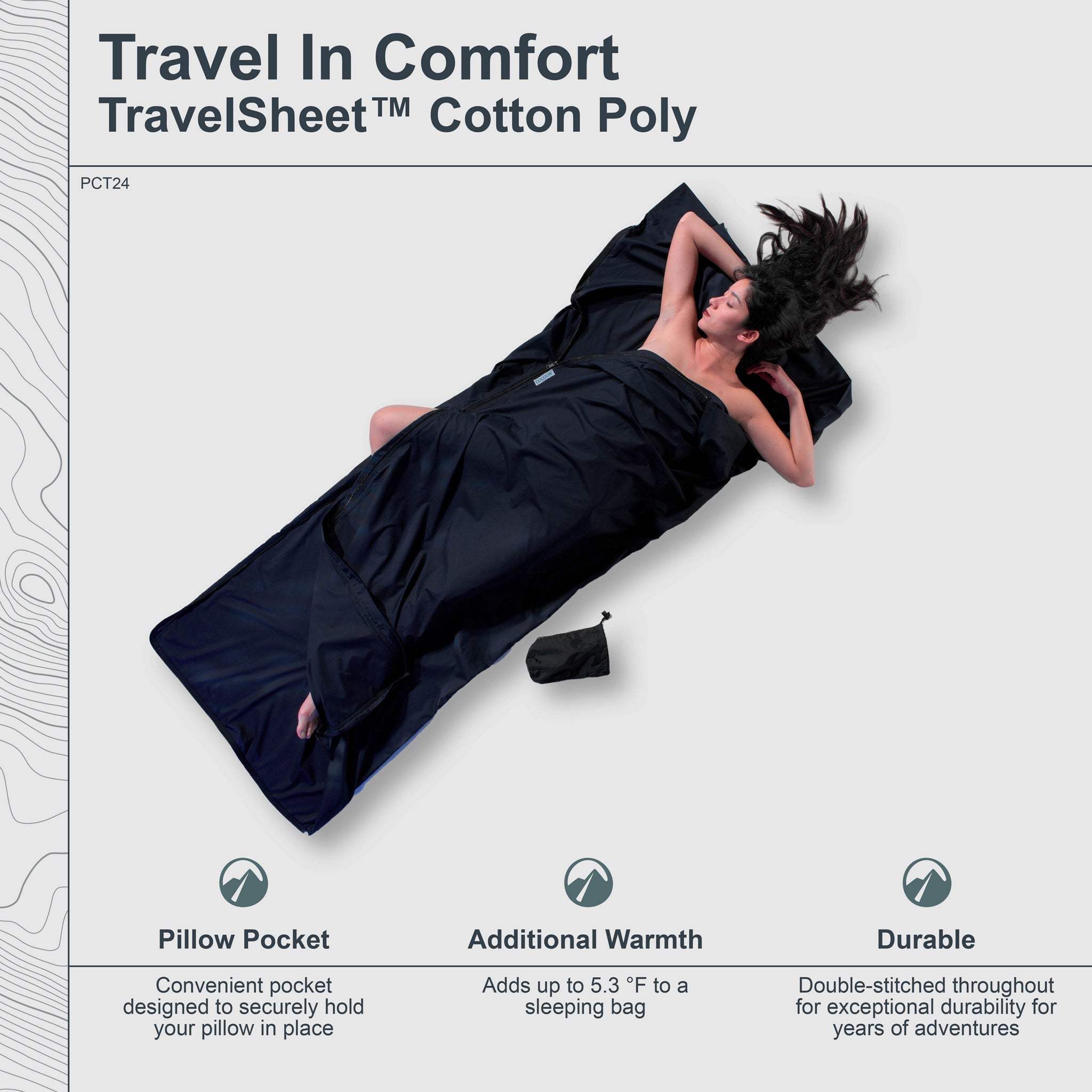 Cocoon TravelSheet™ Cotton Poly lightweight sleeping bag liner with cotton and polyester fabric for travel and camping.