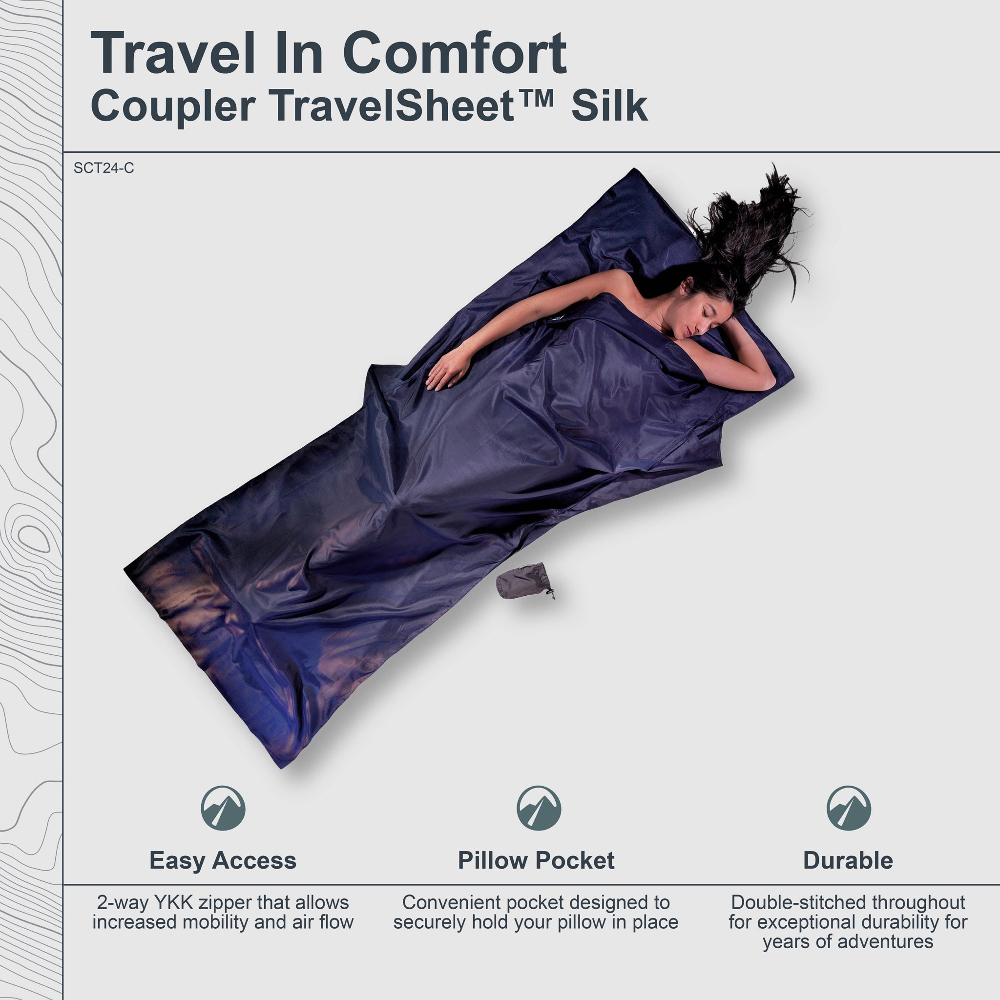 Coupler TravelSheet™ Silk and Cotton by COCOON, showing a compact, lightweight travel sheet with silk and cotton fabric layers.