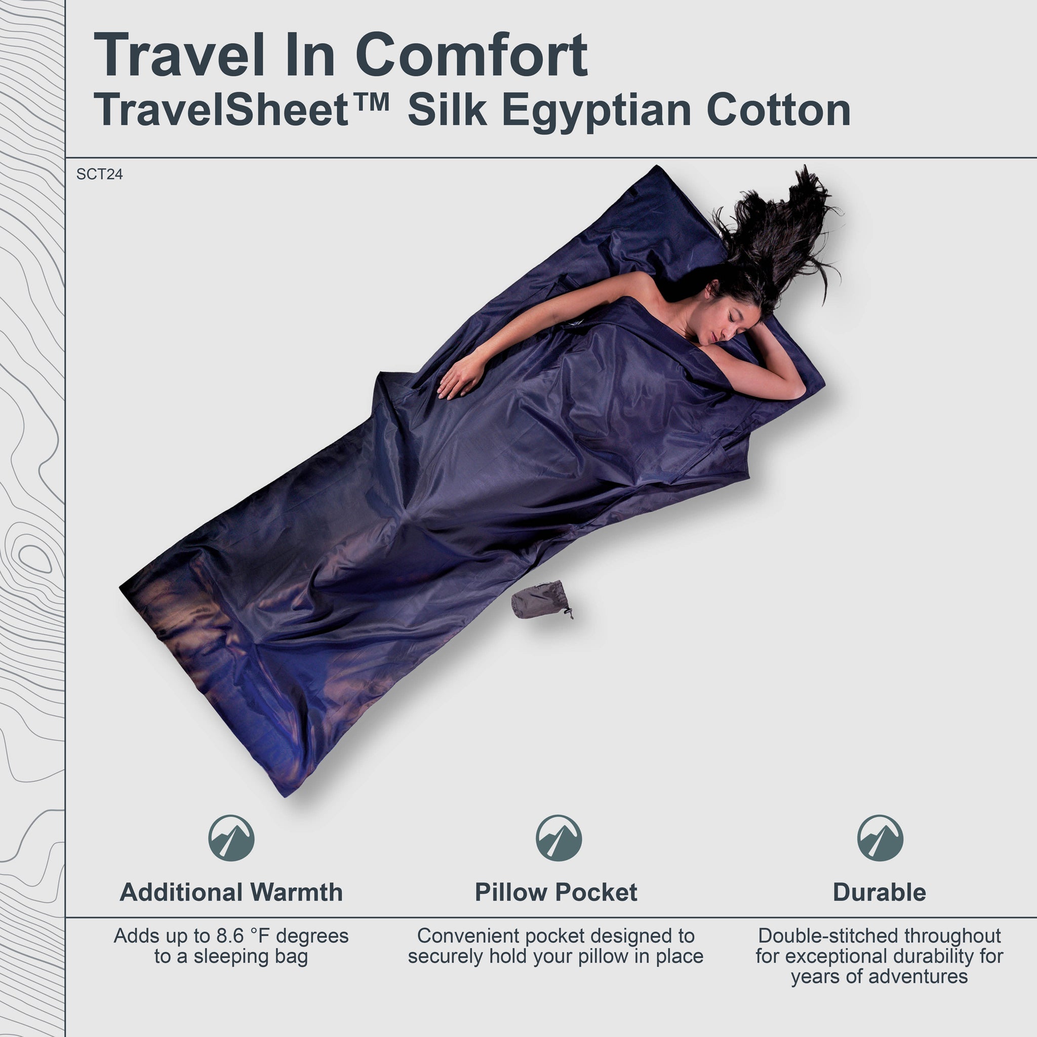 COCOON TravelSheet™ in Silk Egyptian Cotton, showcasing soft texture and breathable fabric for comfortable travel.