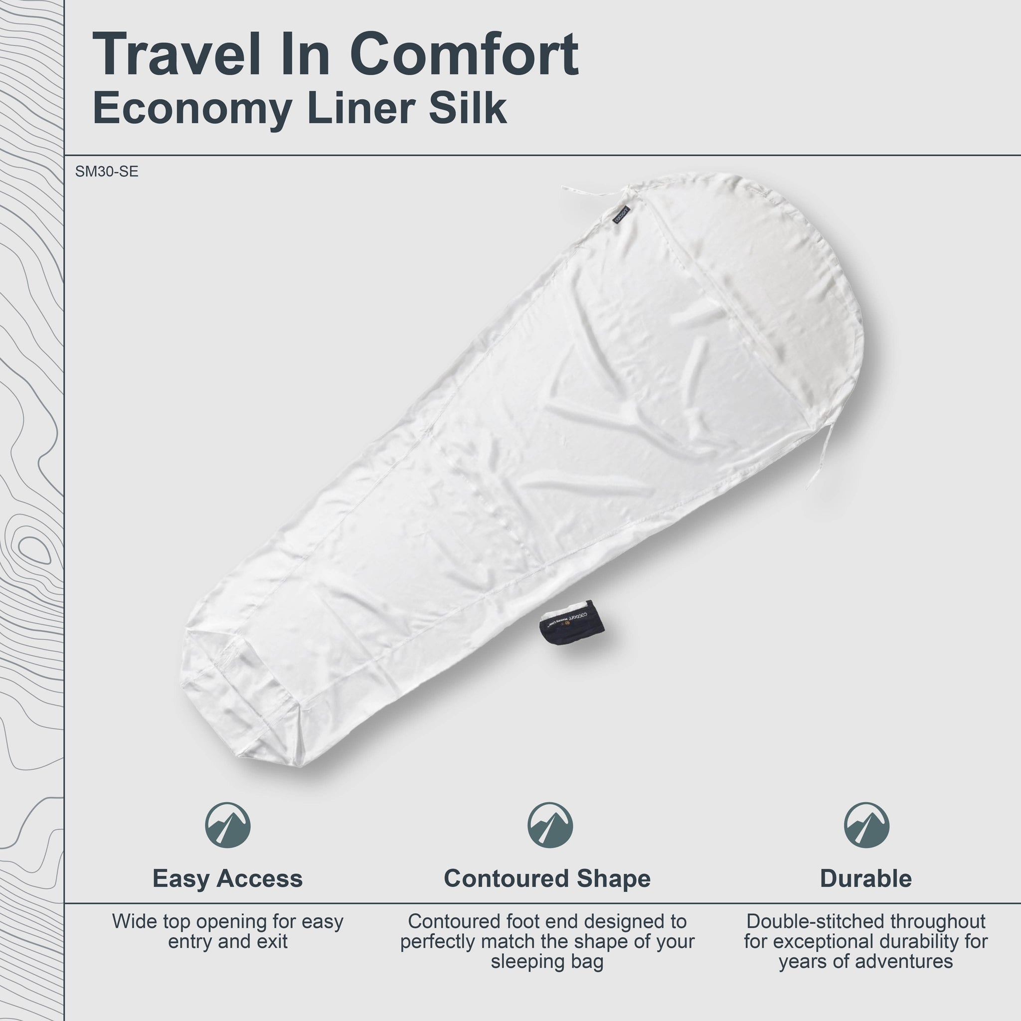 COCOON MummyLiner™ Economy Silk sleeping bag liner in soft silk, shown folded and partially unzipped.