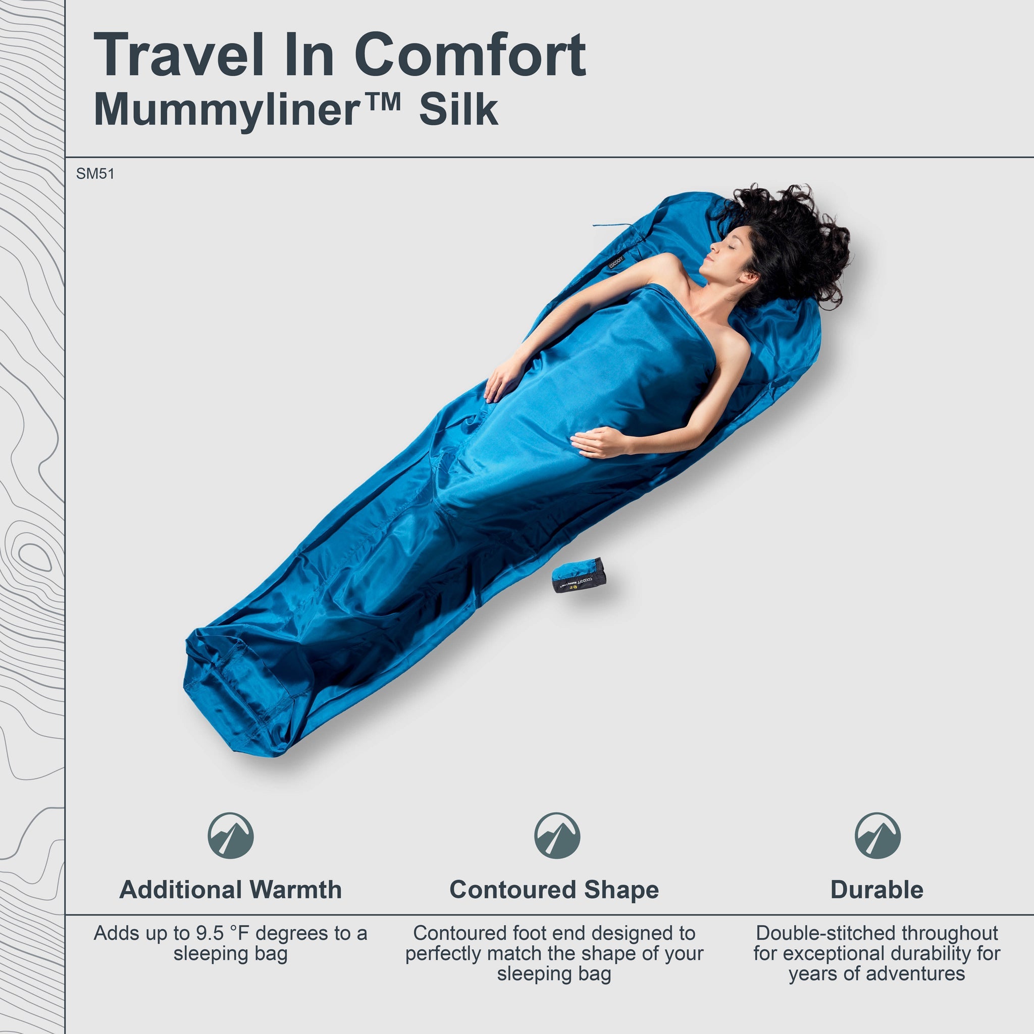 COCOON MummyLiner™ Silk sleeping bag liner in smooth silk fabric, showcasing its lightweight and compact design.