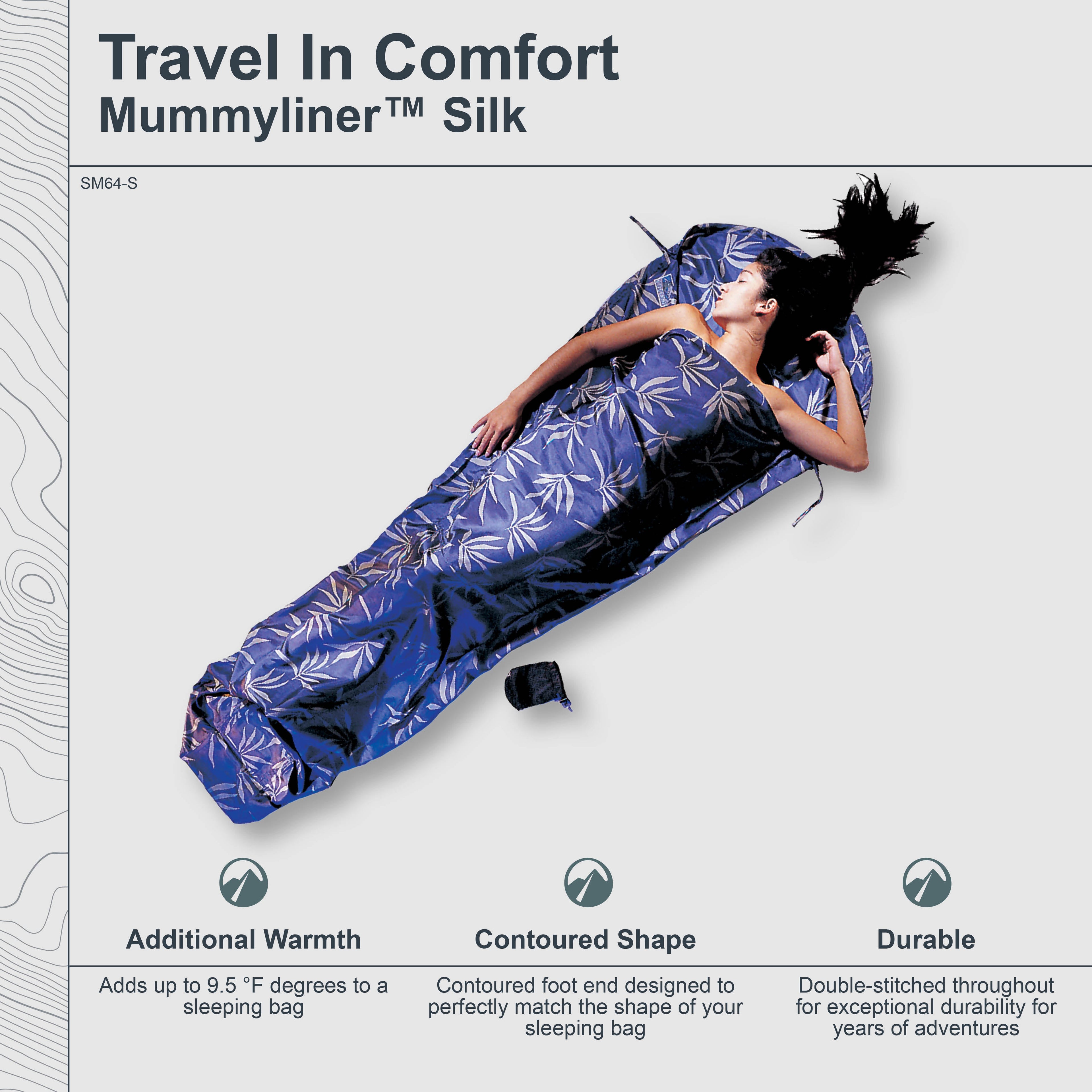 Small COCOON MummyLiner™ Silk sleep liner in luxurious silk fabric, shown in a close-up image highlighting its smooth texture.