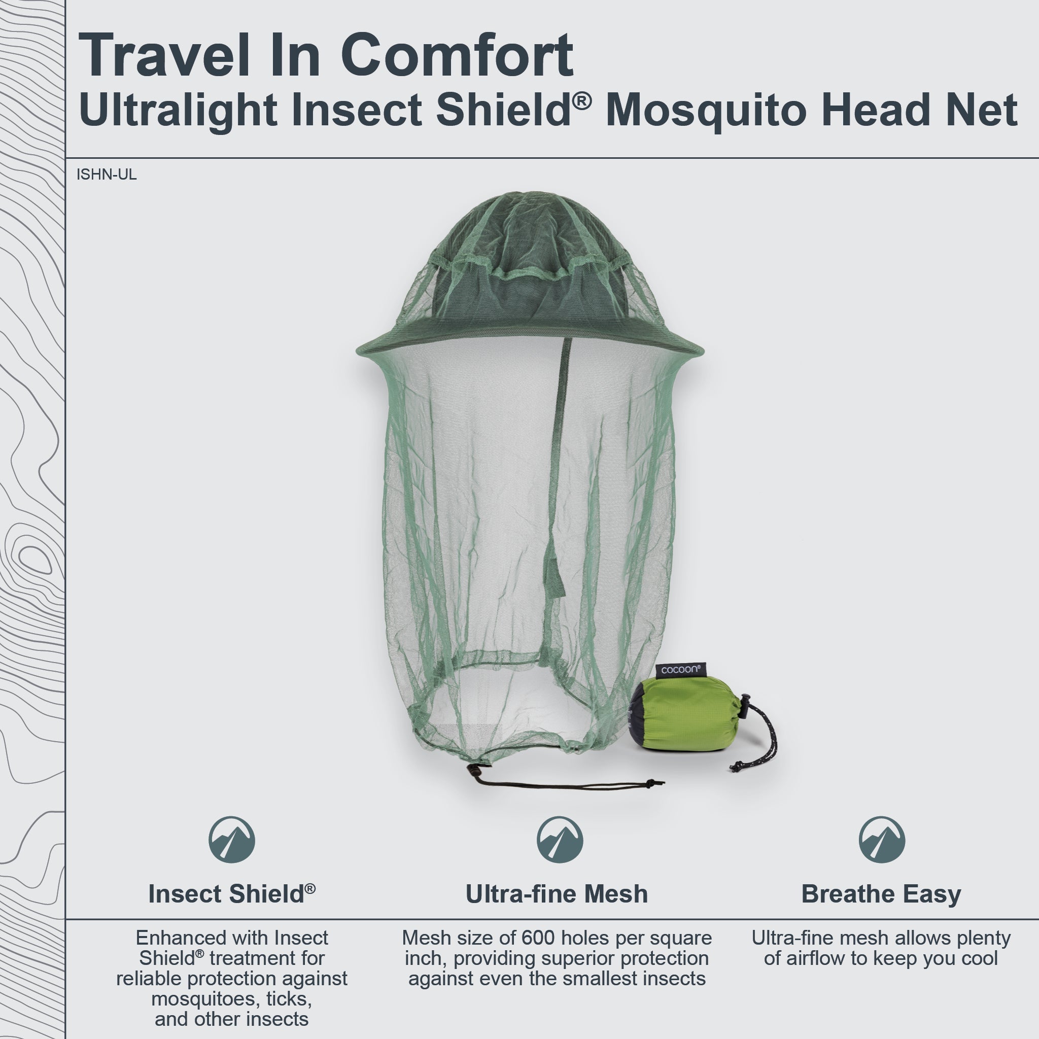 Ultralight COCOON Insect Shield mosquito head net displayed with fine mesh and adjustable design for effective insect protection.