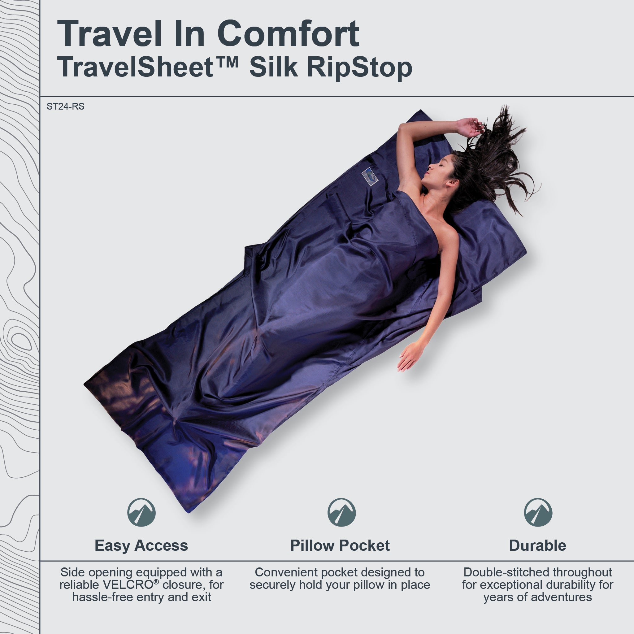 Silk Ripstop TravelSheet™ by COCOON, lightweight and durable for comfortable sleeping during travel or camping.