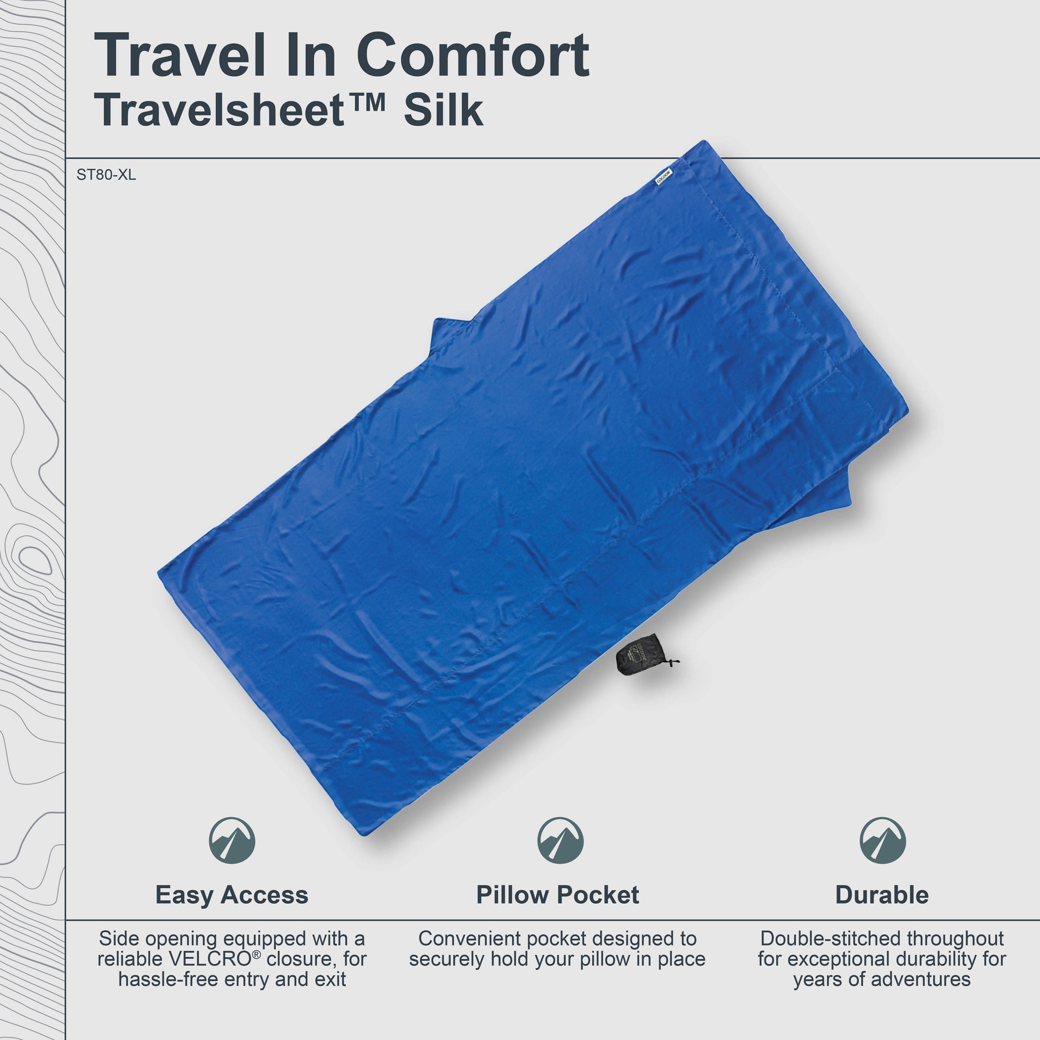 Extra large COCOON Silk Travelsheet in soft, luxurious silk, designed for comfortable travel and outdoor adventures.