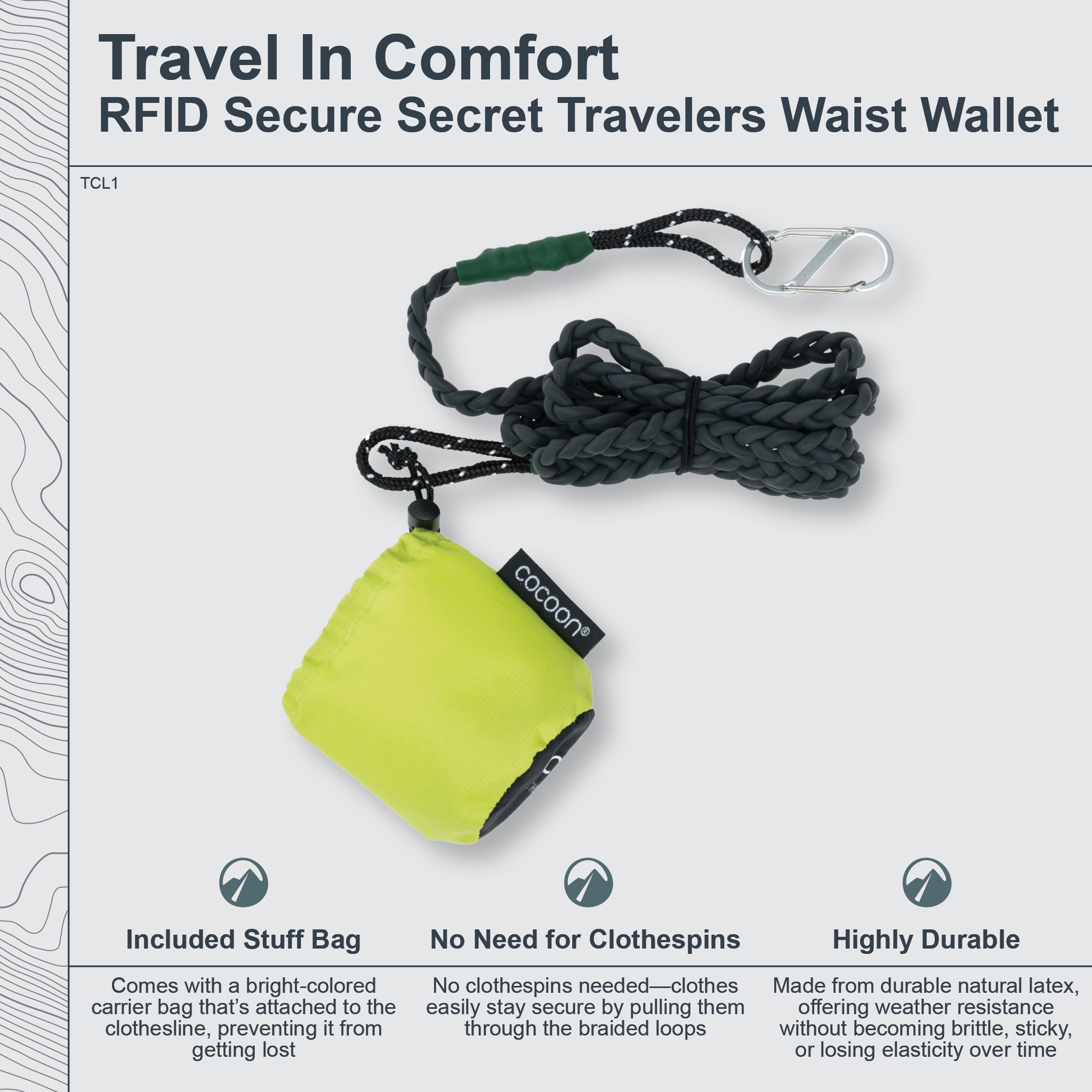 COCOON travel clothesline displayed with easy-to-use clips and lightweight design for outdoor drying convenience.