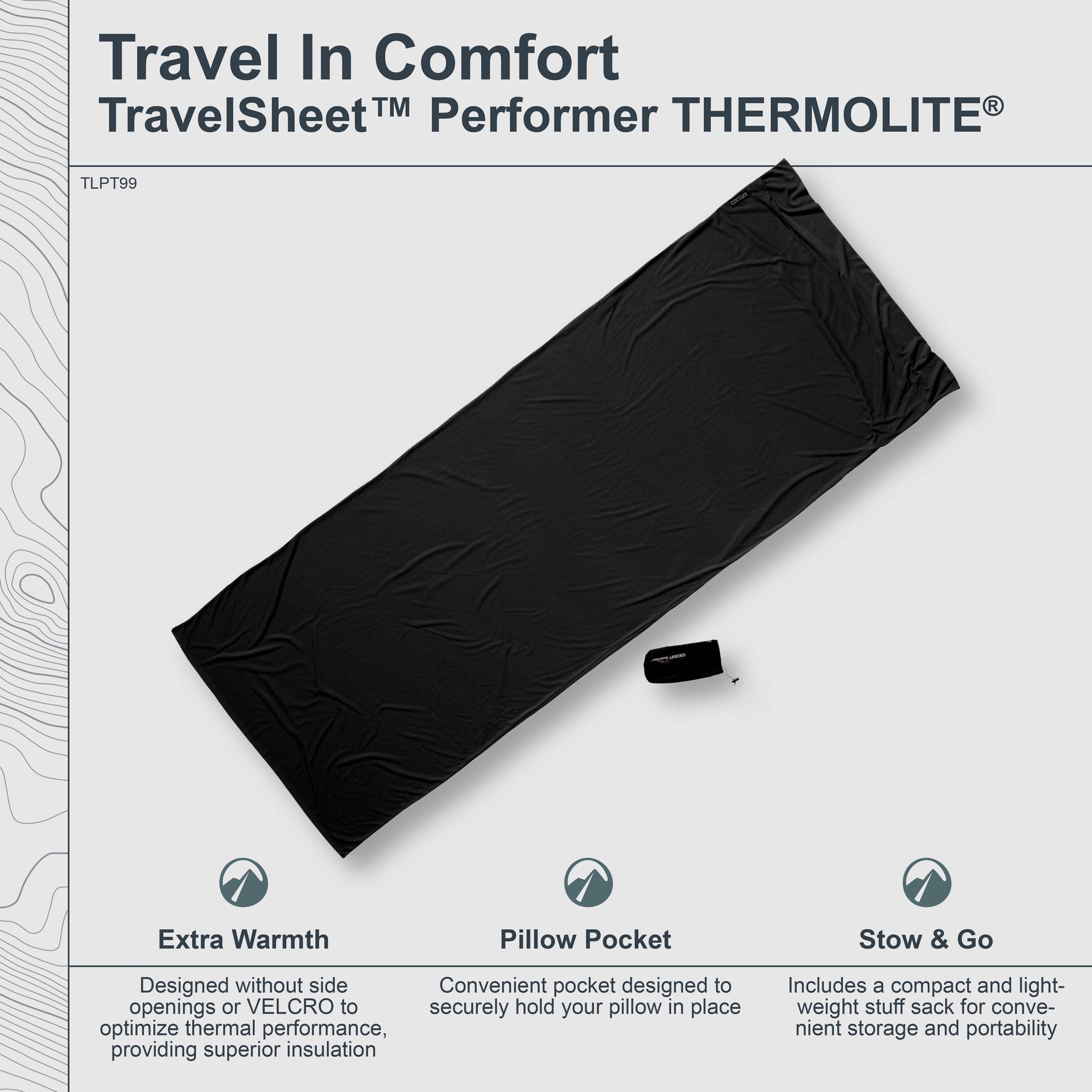 Cocoon TravelSheet™ Performer® Thermolite® sleeping bag liner in compact, lightweight design for travel and outdoor use