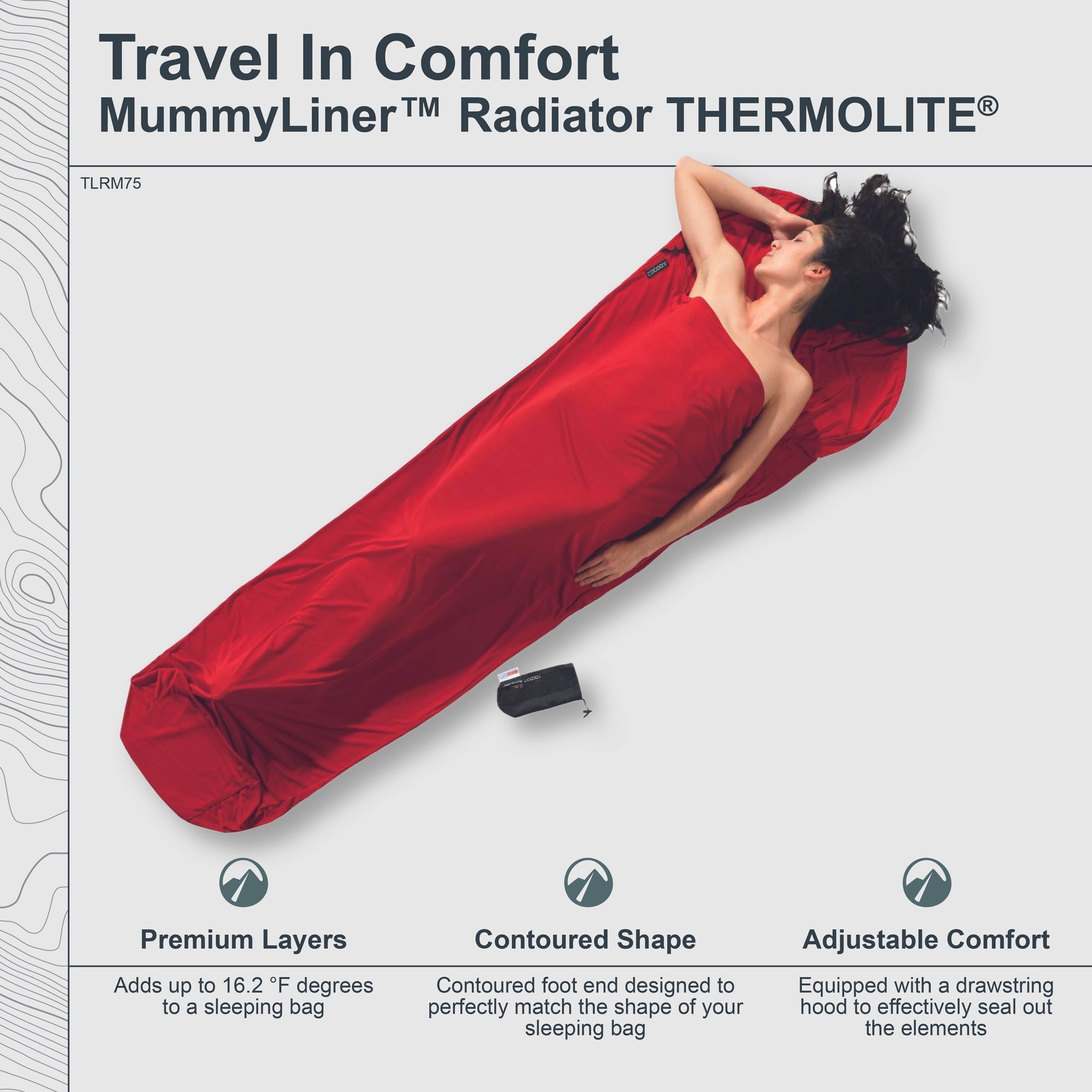 COCOON MummyLiner™ Radiator Thermolite® sleeping bag liner shown in a detailed infographic highlighting features and design.