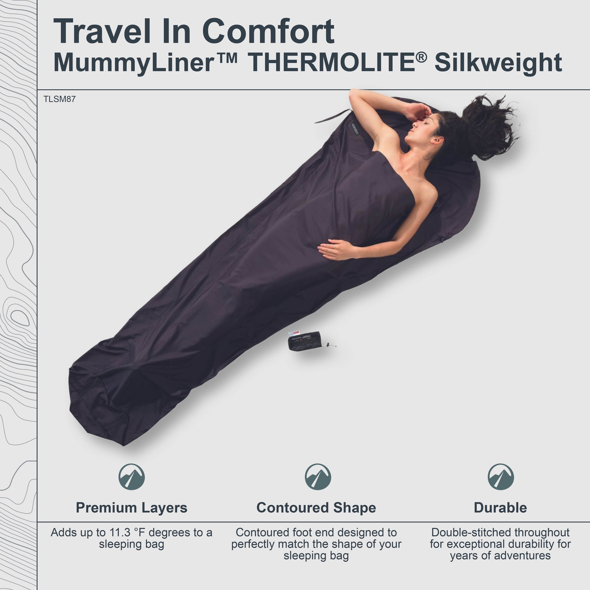 COCOON MummyLiner™ Thermolite® Silkweight in a lightweight design, showcasing fabric texture and shape for sleeping bags.