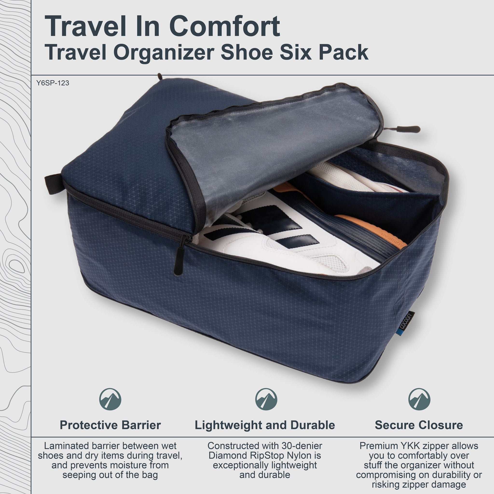COCOON Shoe Six Pack in various colors, featuring durable shoe bags for organizing and protecting footwear.