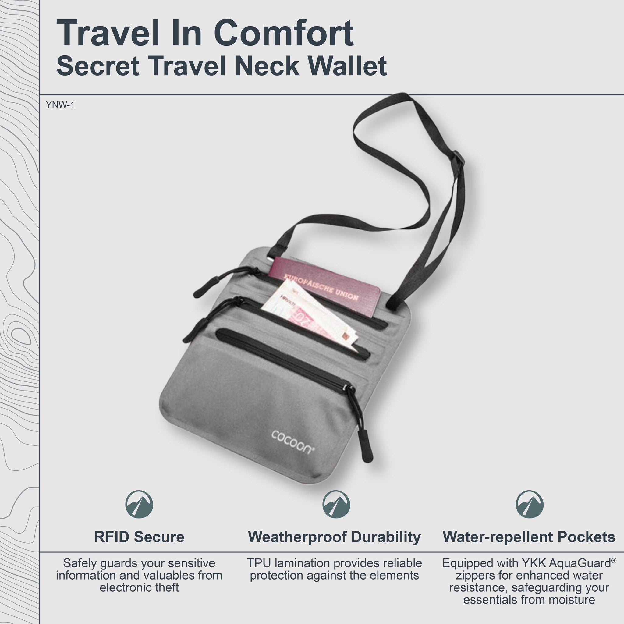COCOON Secret Neck Wallet shown hanging around the neck, compact design ideal for secure, hands-free storage of valuables.
