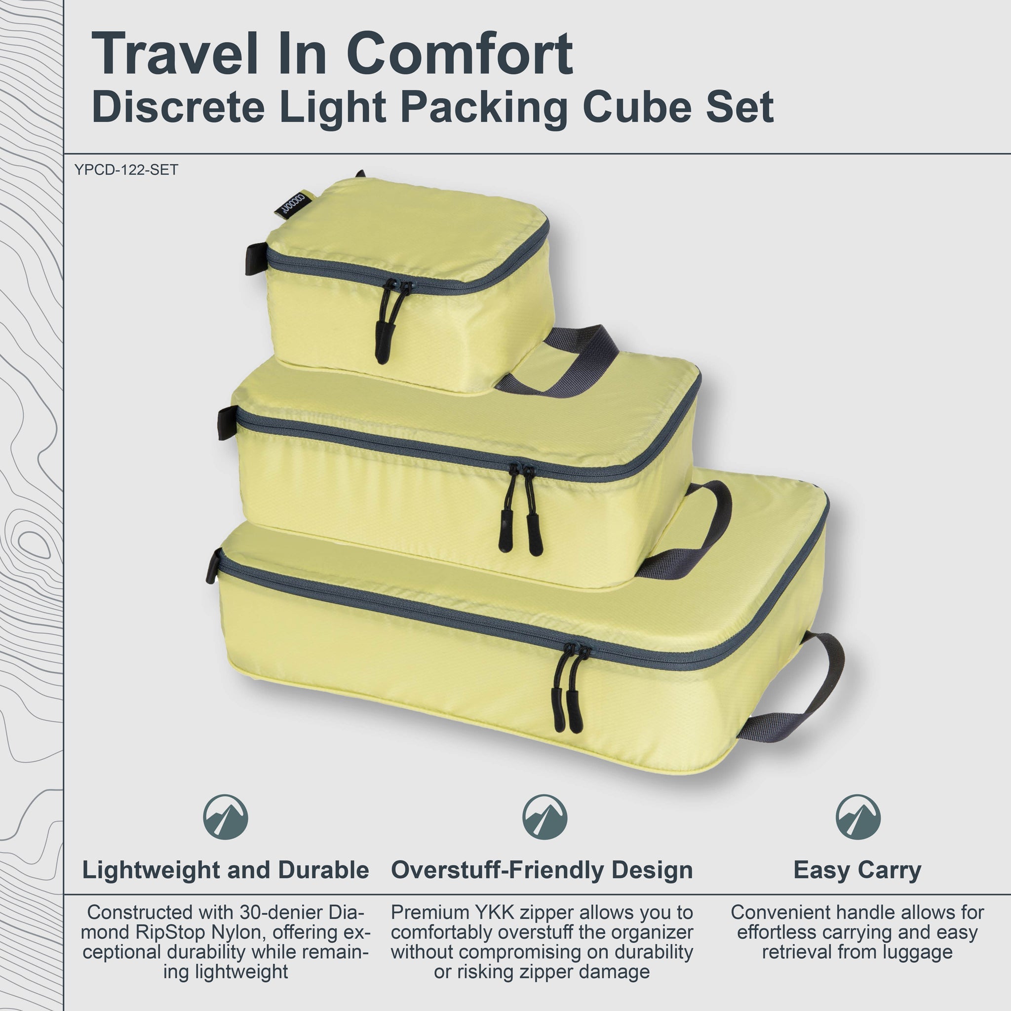 Set of COCOON Discrete Light Packing Cubes for travel organizers, showing different sizes and colors for efficient packing.