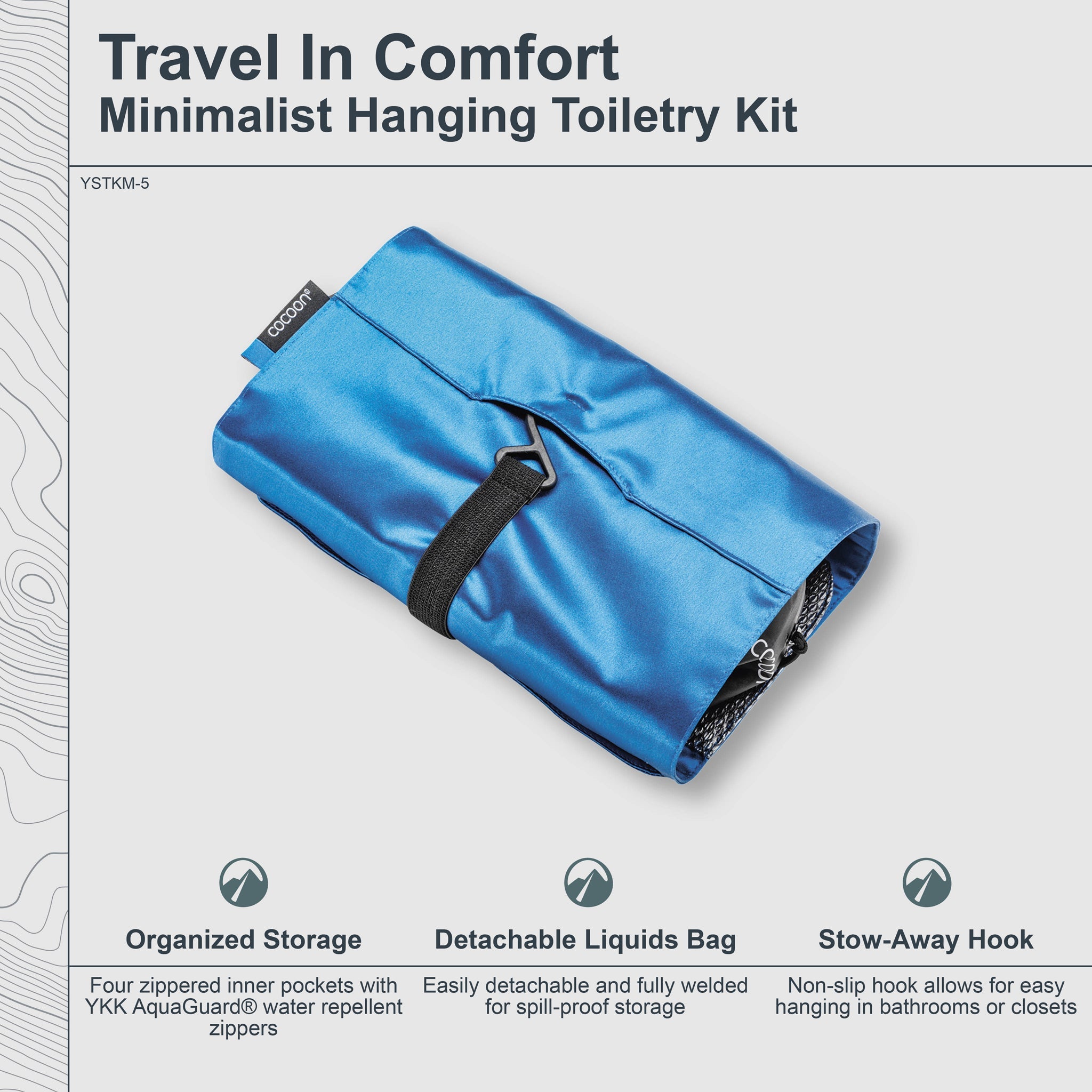 Minimalist hanging toiletry kit by COCOON made from Monsoon Silk™, featuring a sleek design and multiple compartments for travel organization.
