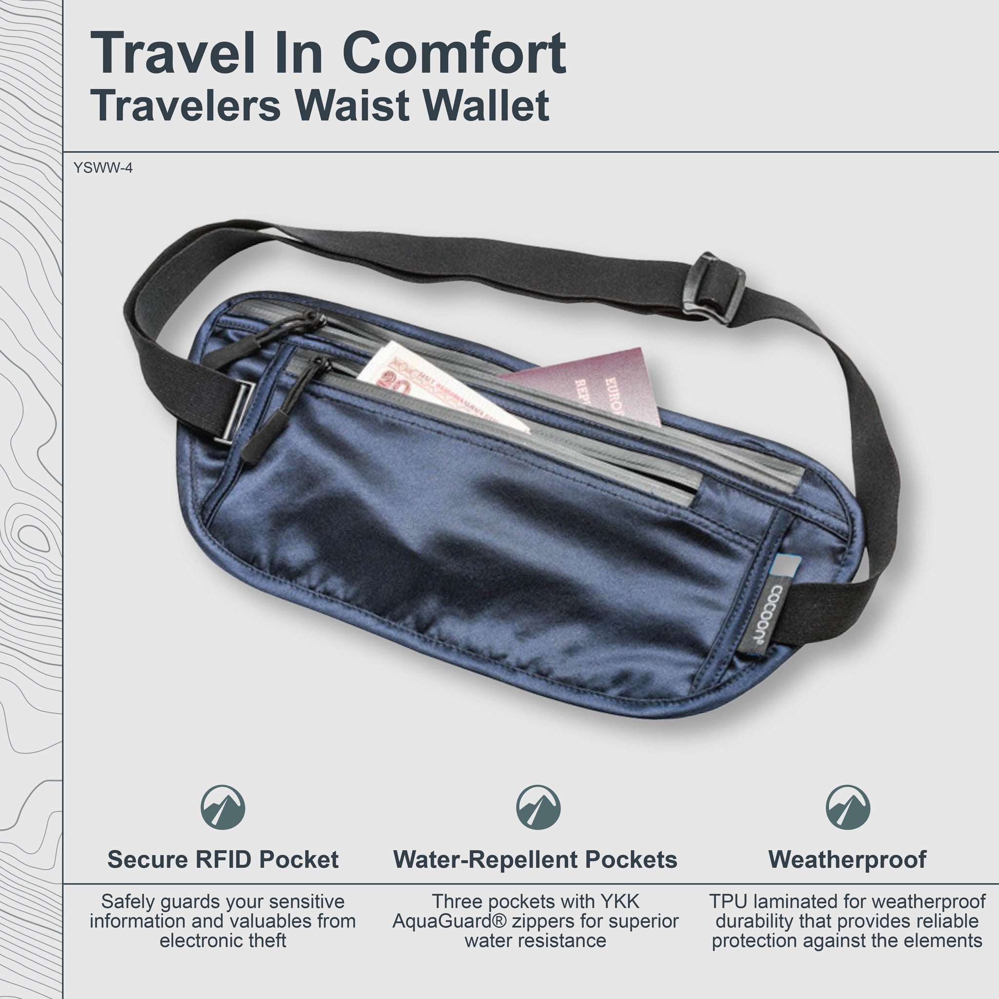 Cocoon Waist Wallet Monsoon Silk™ in dark fabric, showing a sleek design with zipper closure and adjustable strap for secure carry.