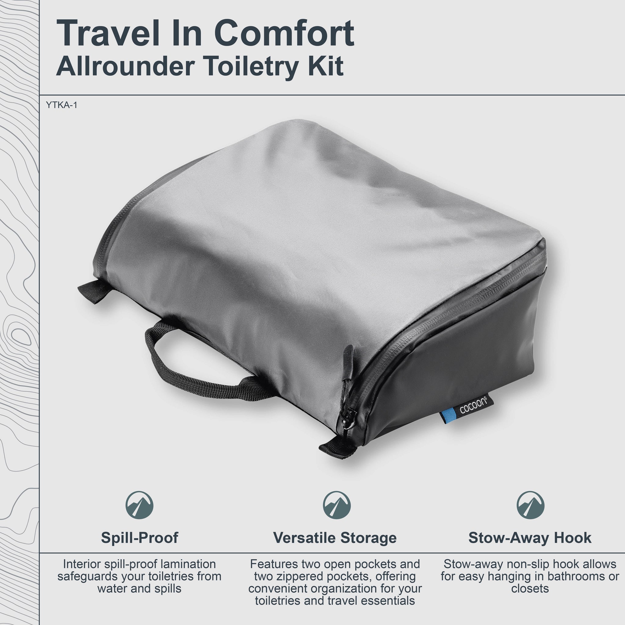 COCOON Allrounder Hanging Toiletry Kit with multiple compartments and hanging hook, designed for organized travel storage.