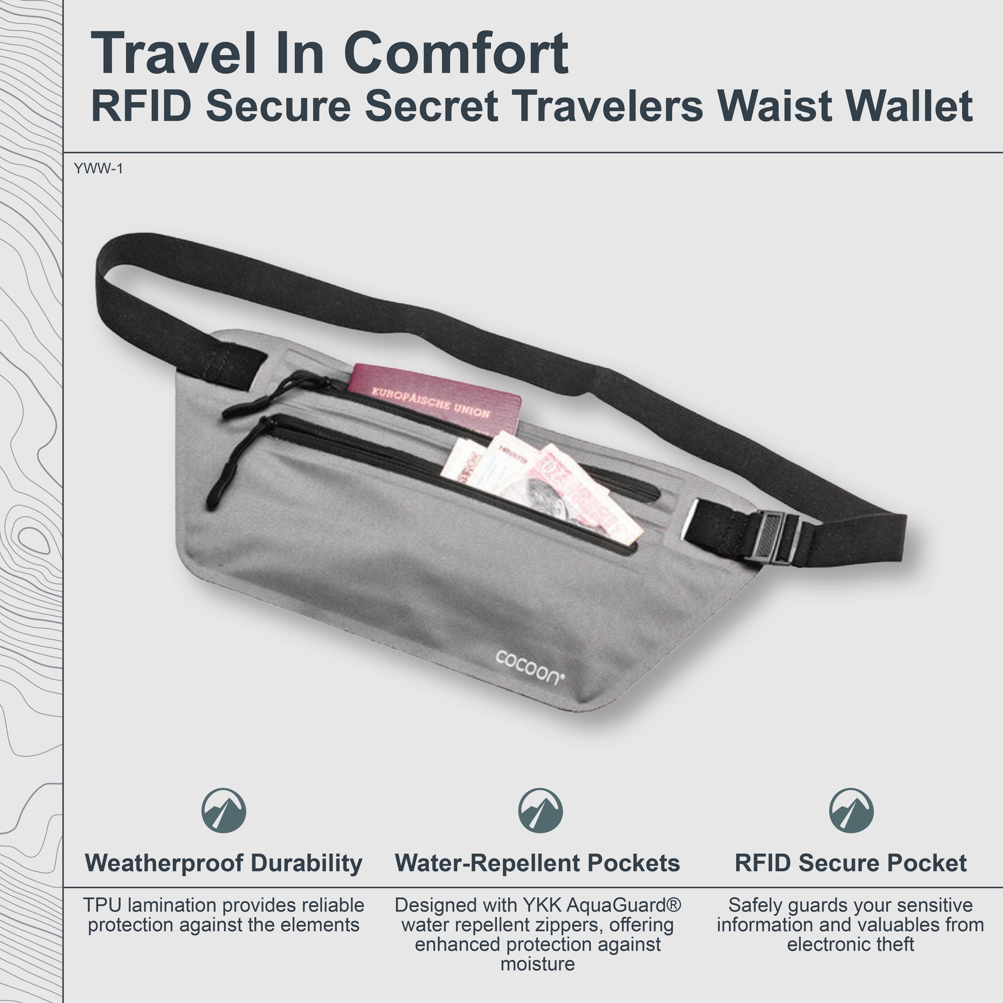 COCOON RFID secret waist wallet with secure compartments, discreet design, and adjustable strap for comfortable wear.