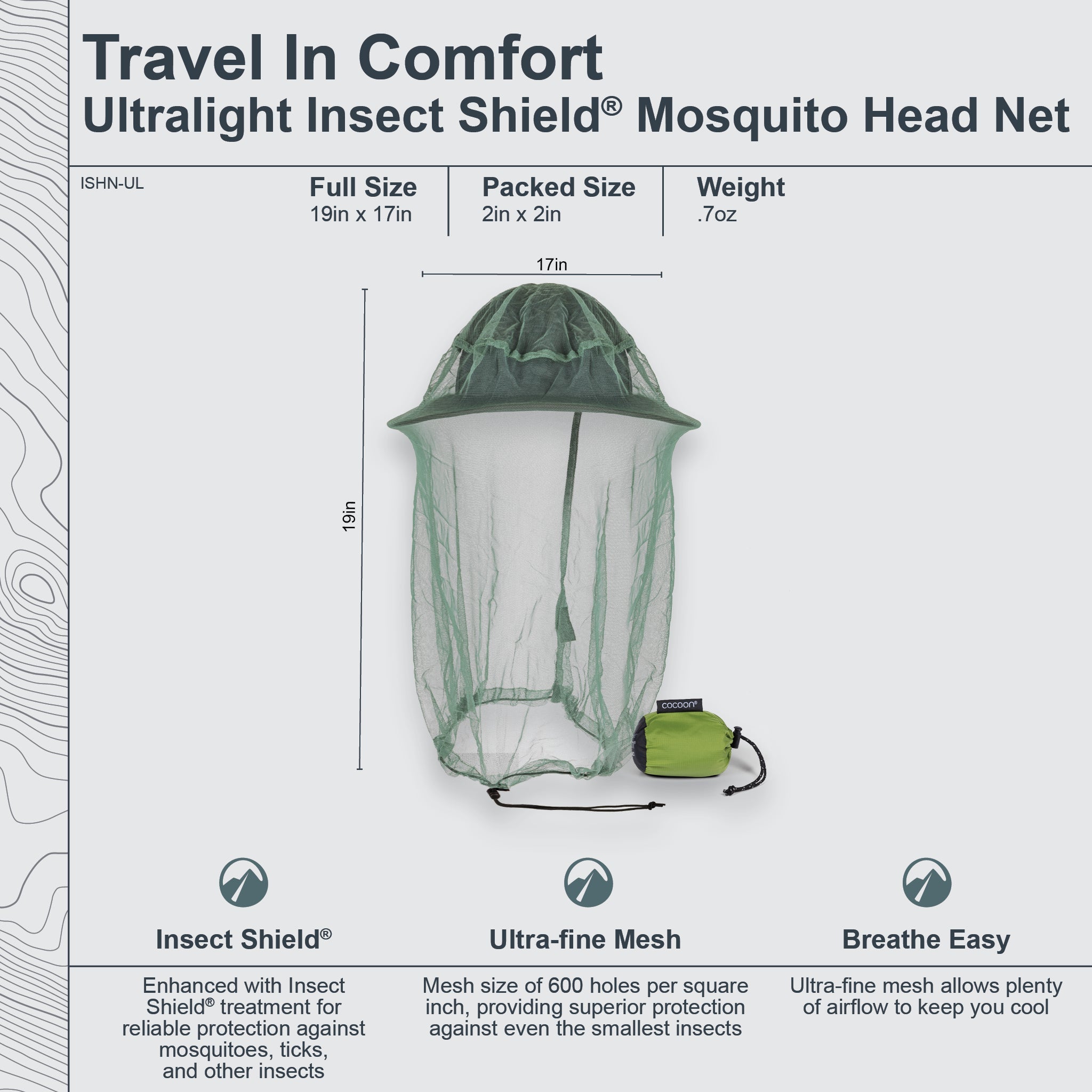 Ultralight COCOON Insect Shield® mosquito head net with adjustable design, perfect for outdoor protection against insects.
