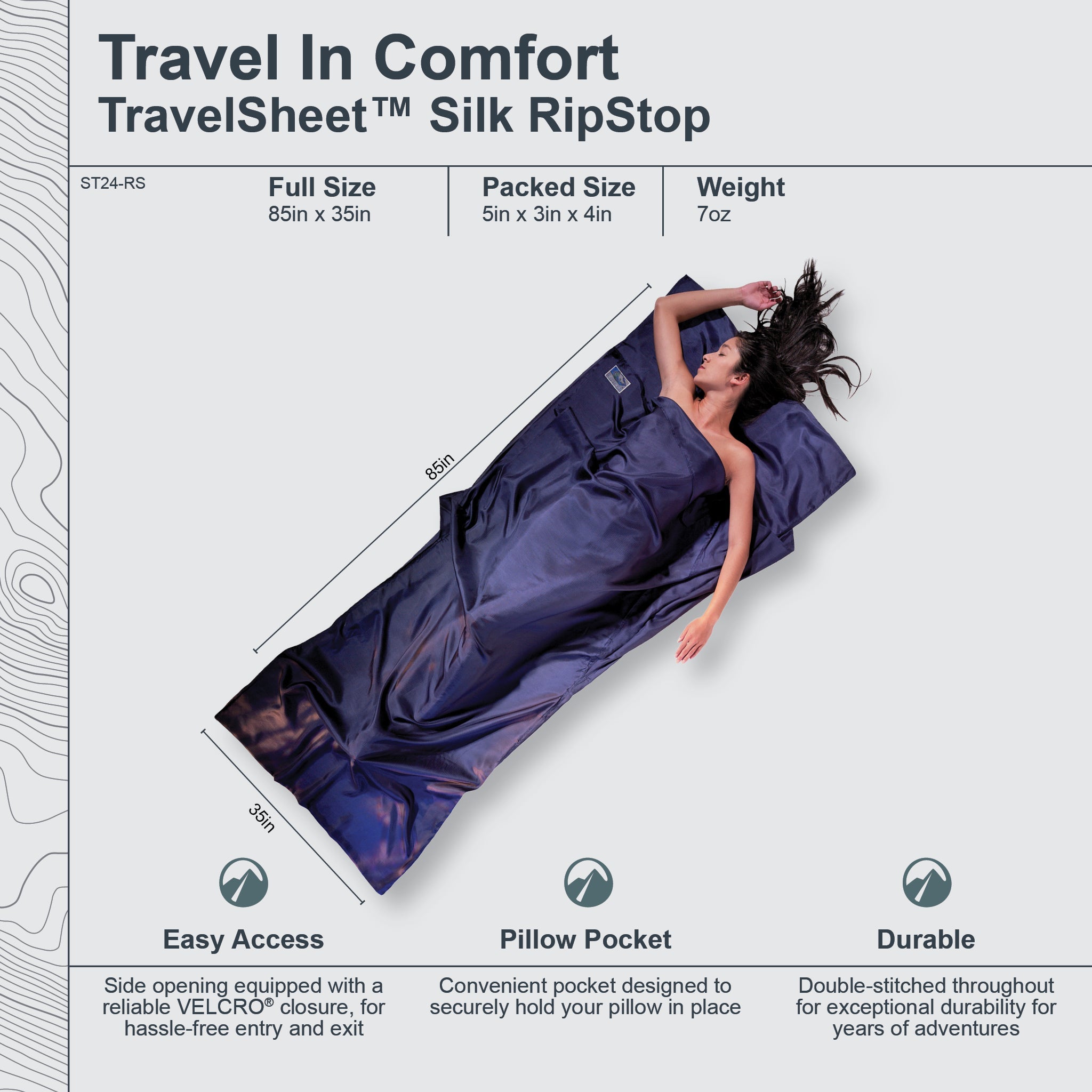 Cocoon TravelSheet™ Silk Ripstop in soft silk ripstop fabric, spread out showing its lightweight, durable design for travelers.