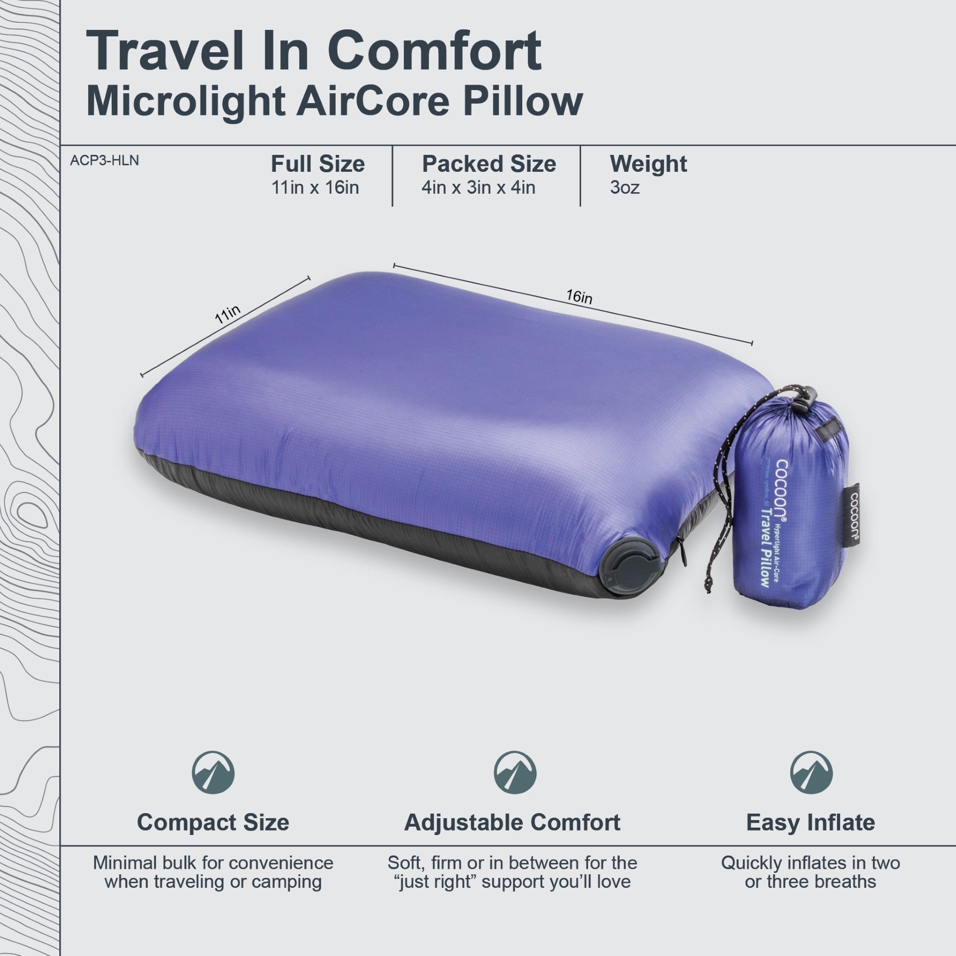 COCOON Hyperlight AirCore Pillow with a lightweight design and detailed measurements for optimal comfort and support.