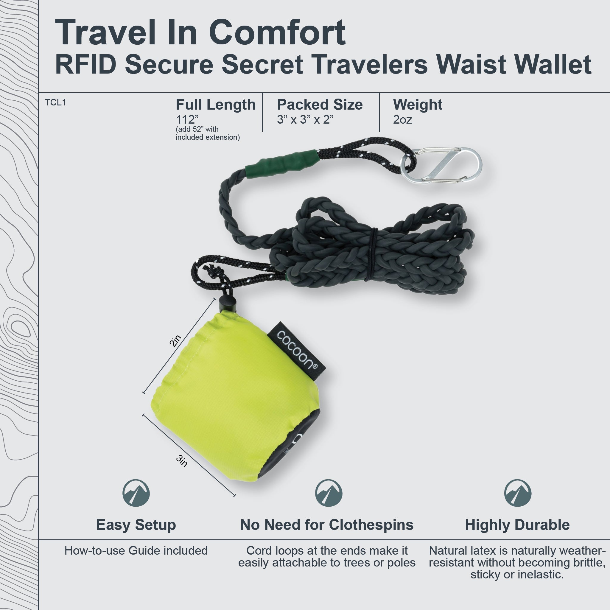 COCOON Travel Clothesline displayed with measurements, showcasing its compact design and portable features for travel use.