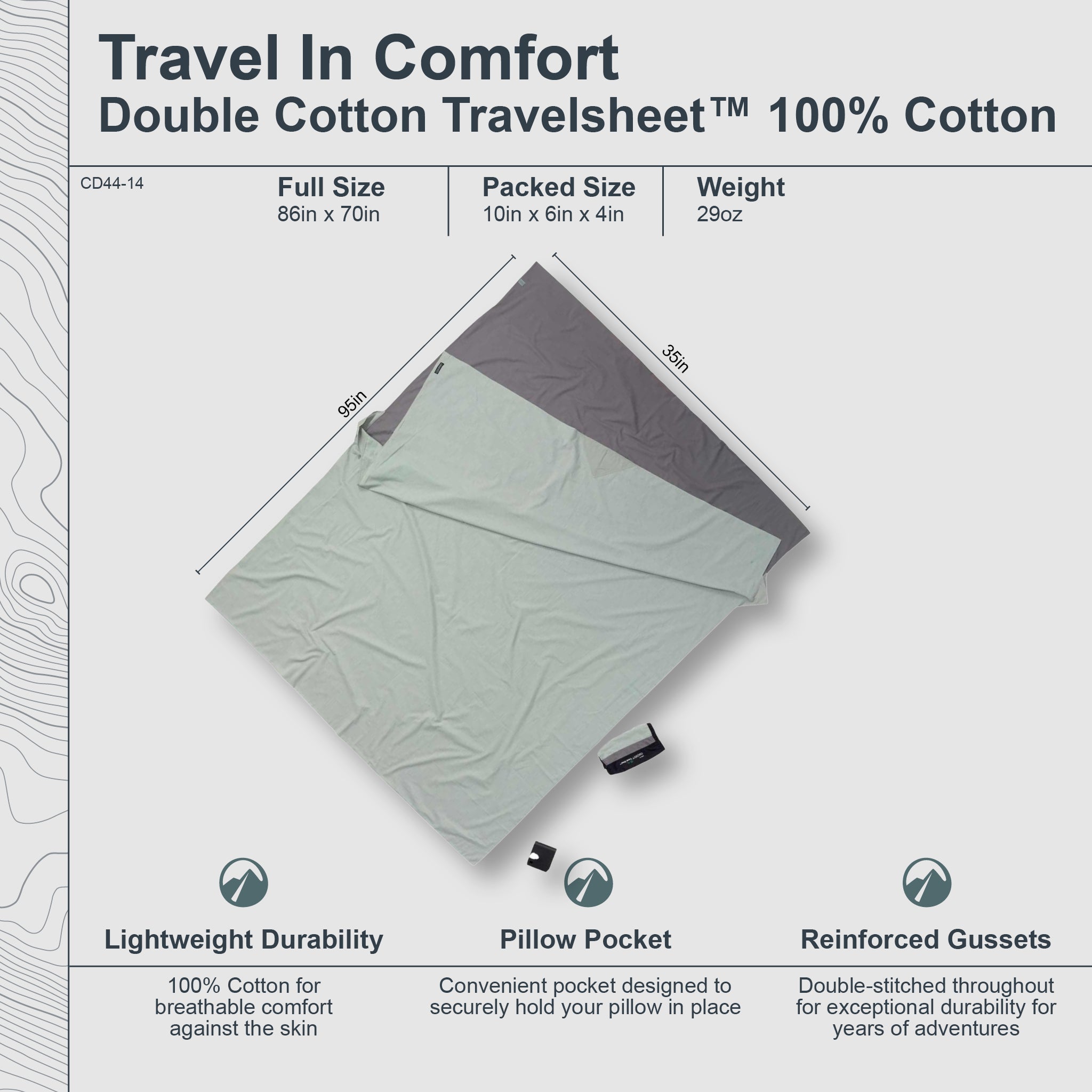 Double size Cotton TravelSheet™ by COCOON, showing soft, breathable fabric and compact design for comfortable travel sleep.