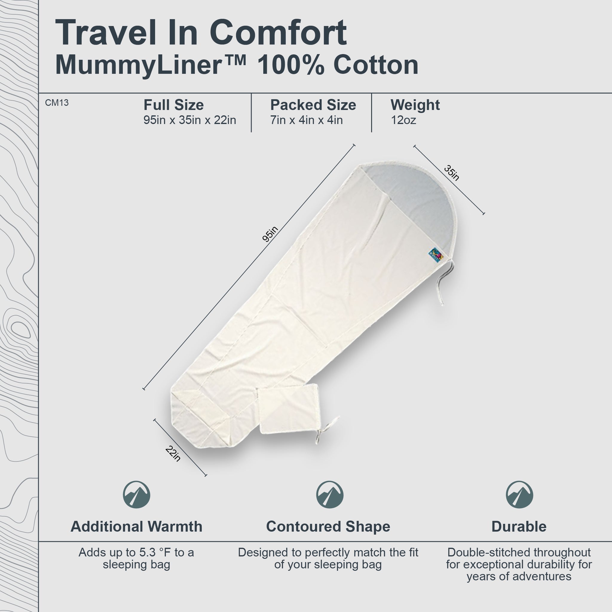 Cotton MummyLiner™ by COCOON, soft and breathable cotton fabric, designed for comfortable sleep and temperature regulation.