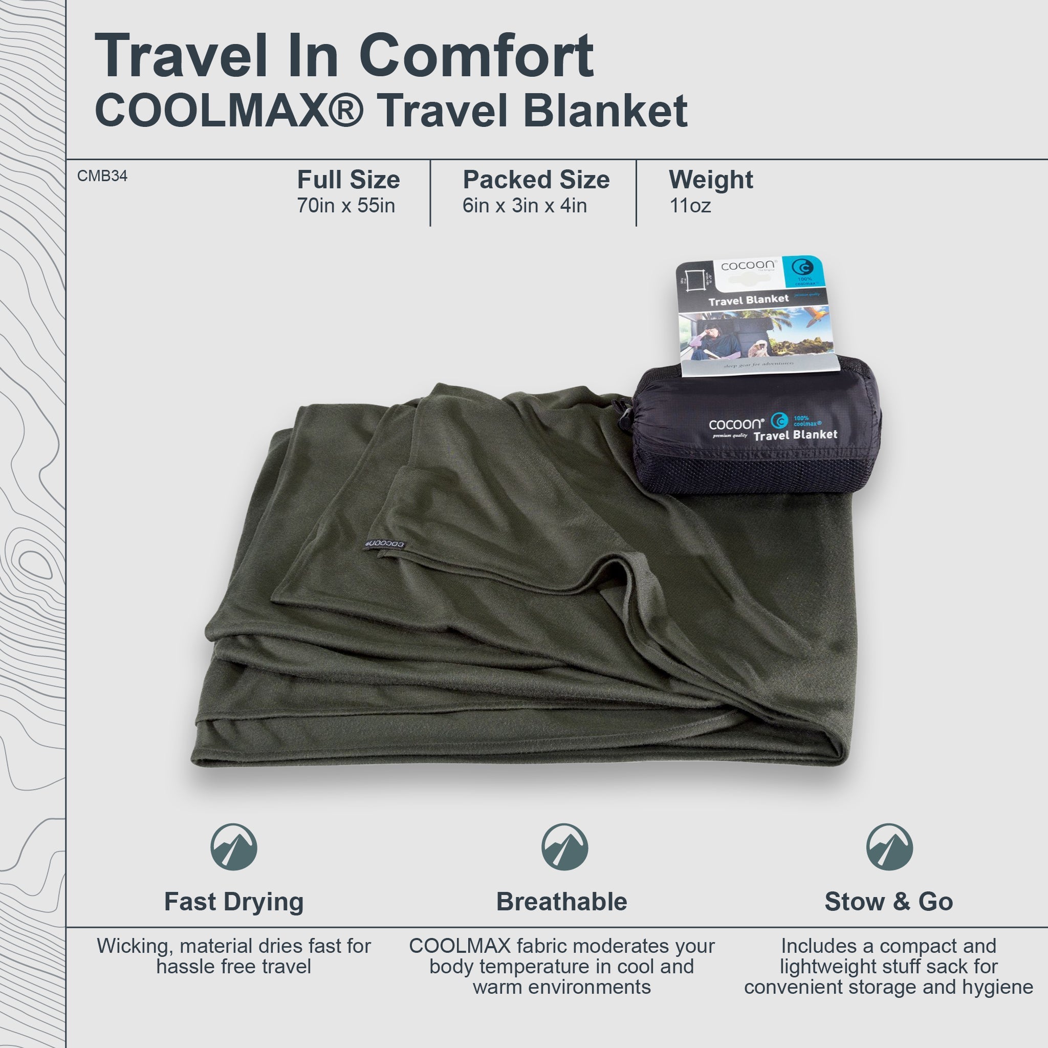 COCOON COOLMAX® travel blanket in a compact design, showcasing soft fabric and portable size for on-the-go comfort.