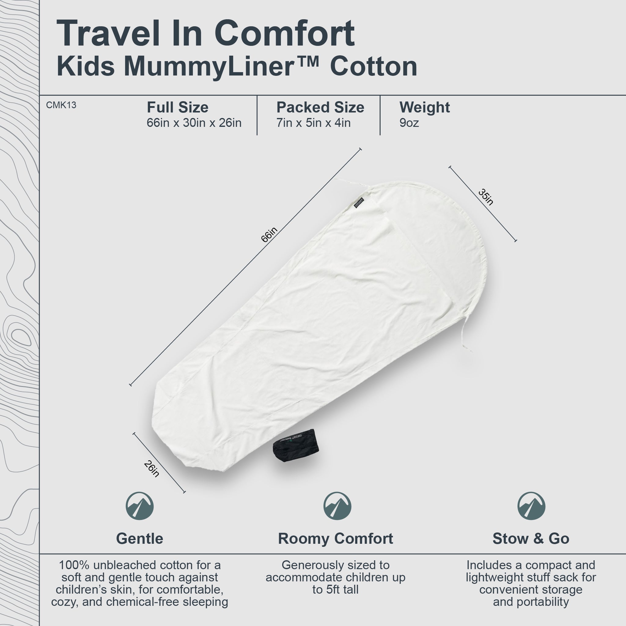 Kids MummyLiner™ Cotton from COCOON, soft white cotton liner designed for kids' sleeping bags, shown flat with stitched edges.