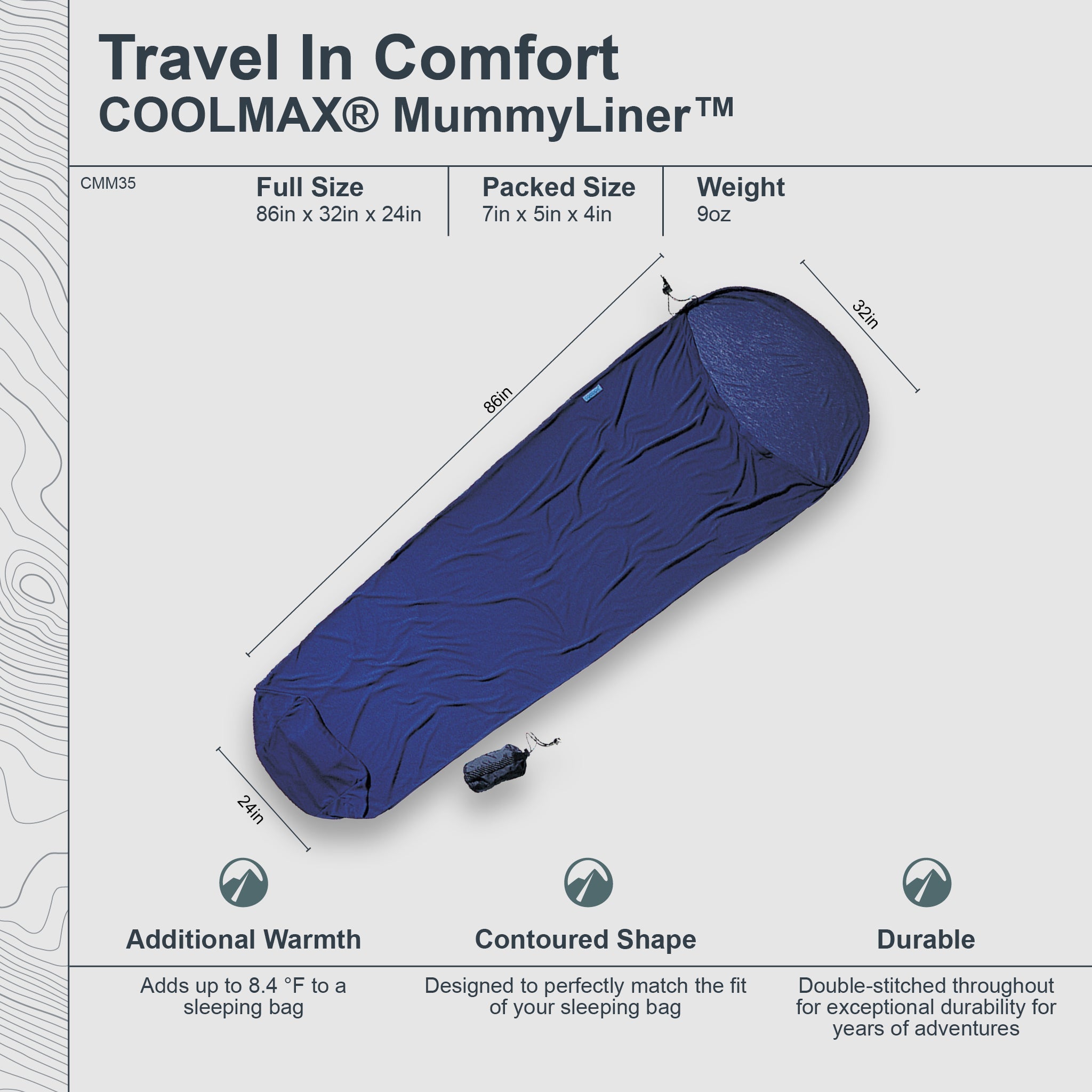 COCOON MummyLiner™ COOLMAX® sleeping bag liner in breathable, lightweight fabric, shown laid flat for camping or travel use.
