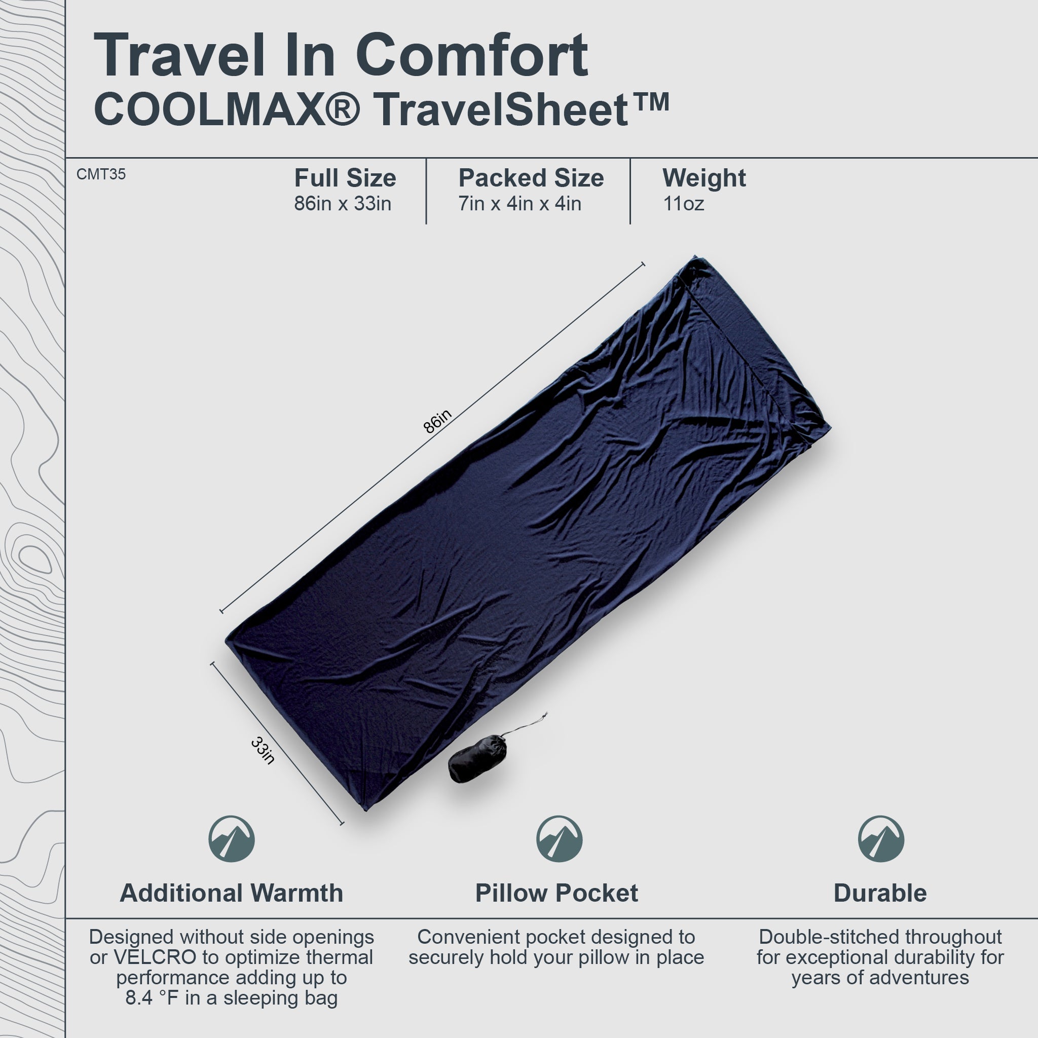Cocoon TravelSheet™ COOLMAX® sleeping bag liner in blue, lightweight and breathable for comfortable travel sleep.
