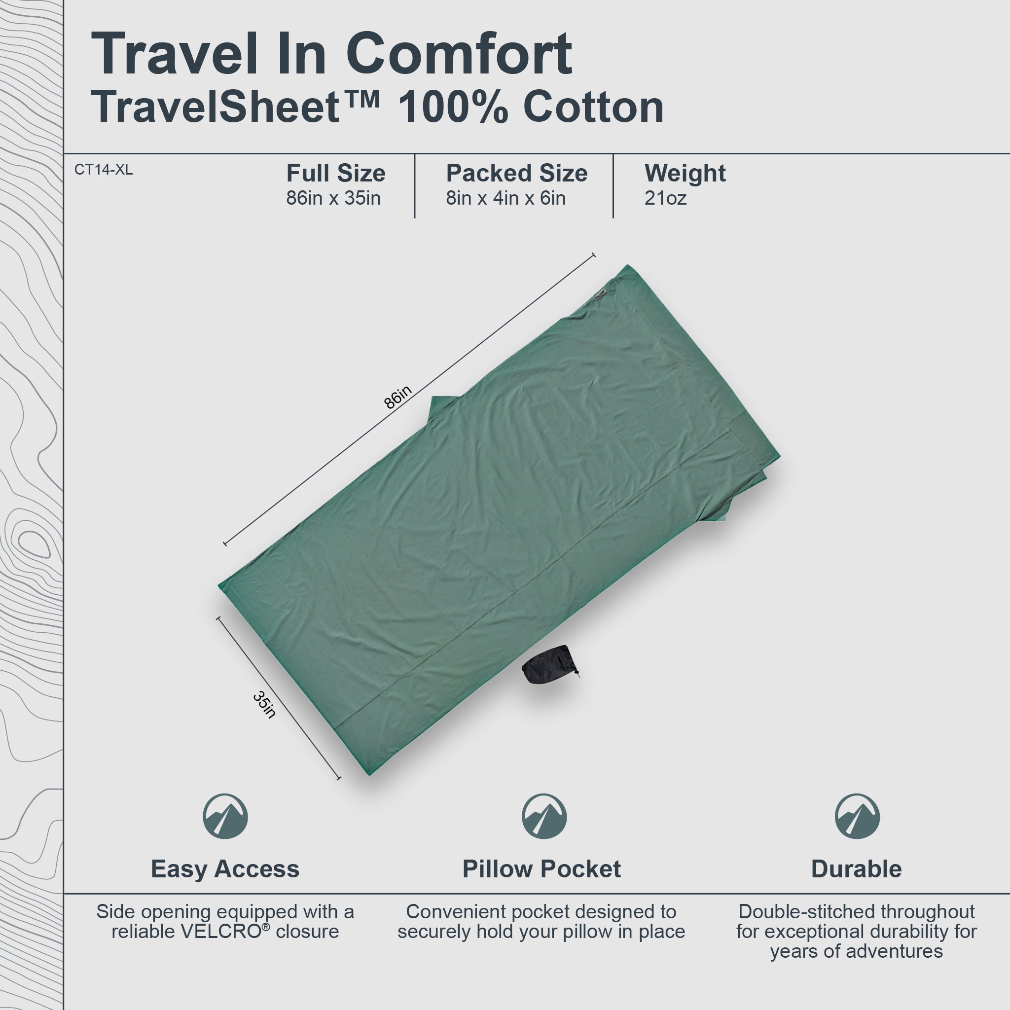 Extra Large Cotton TravelSheet™ by COCOON, showing its soft, breathable fabric and spacious size for comfortable travel.