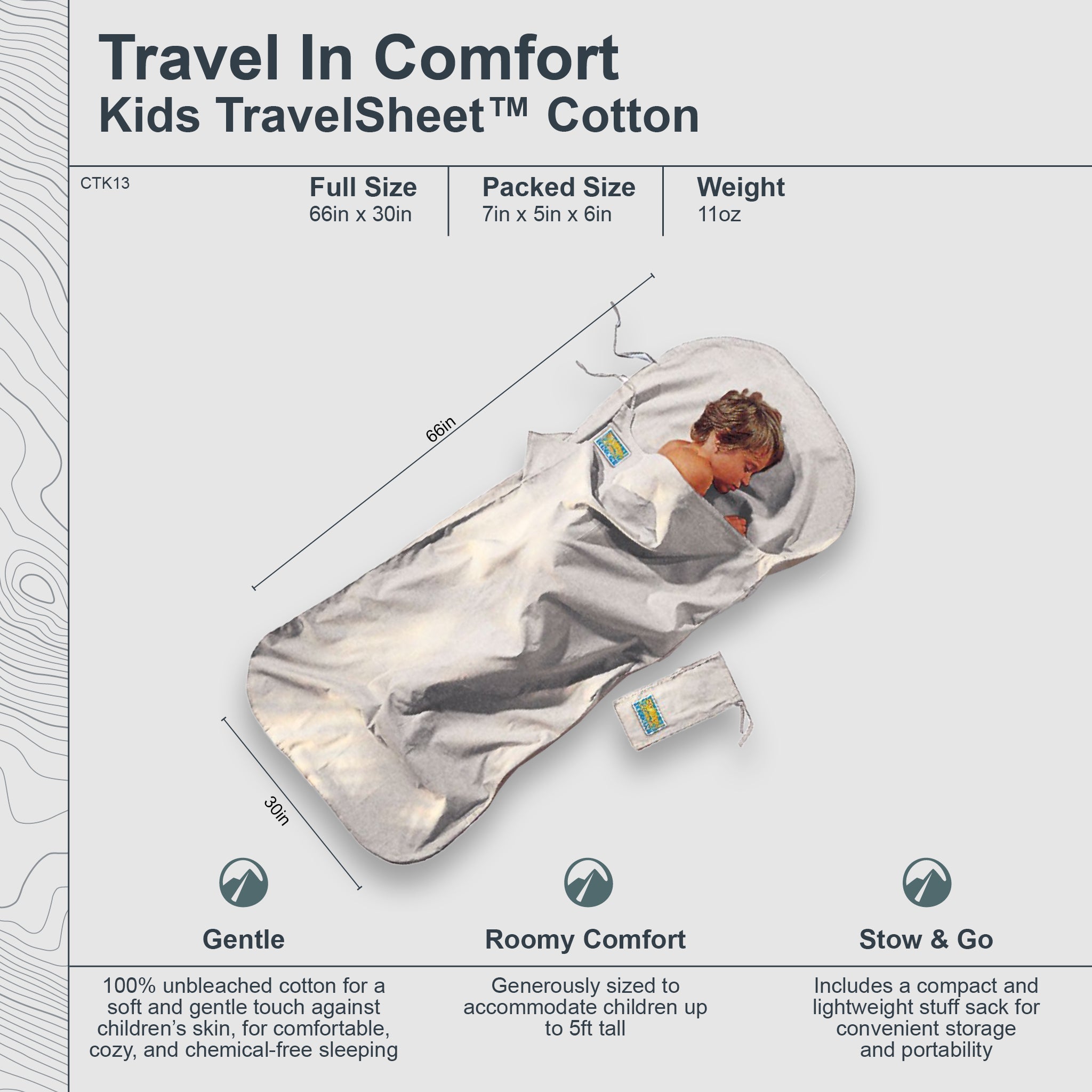 Kids TravelSheet™ Cotton by COCOON, lightweight cotton sleeping bag for children, shown in soft fabric with cozy design.