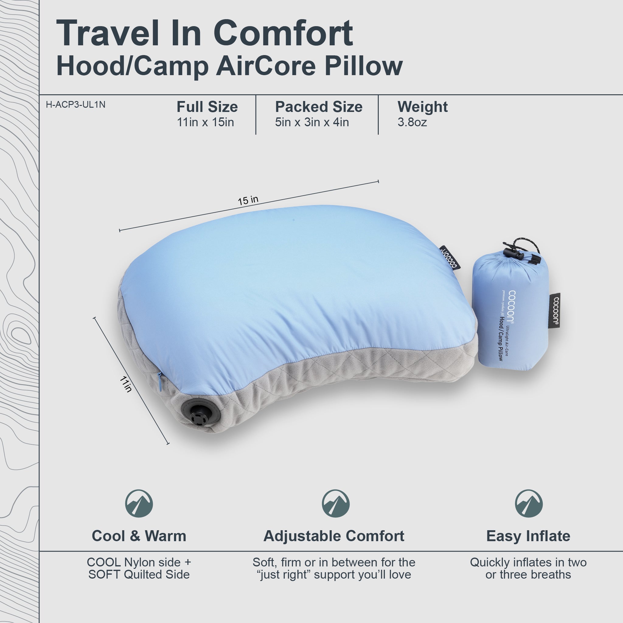 COCOON Ultralight AirCore Hood Pillow showing compact, soft design with adjustable hood, ideal for travel and outdoor comfort.