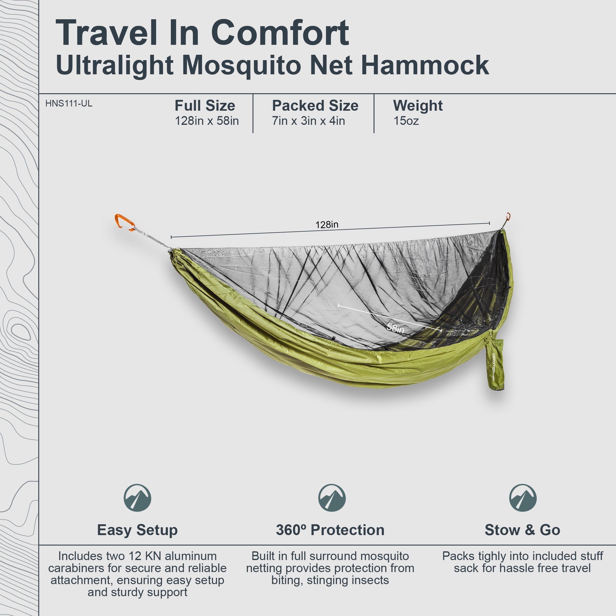 COCOON ultralight mosquito net hammock hanging outdoors with mesh sides and suspension straps for camping or relaxing in nature.