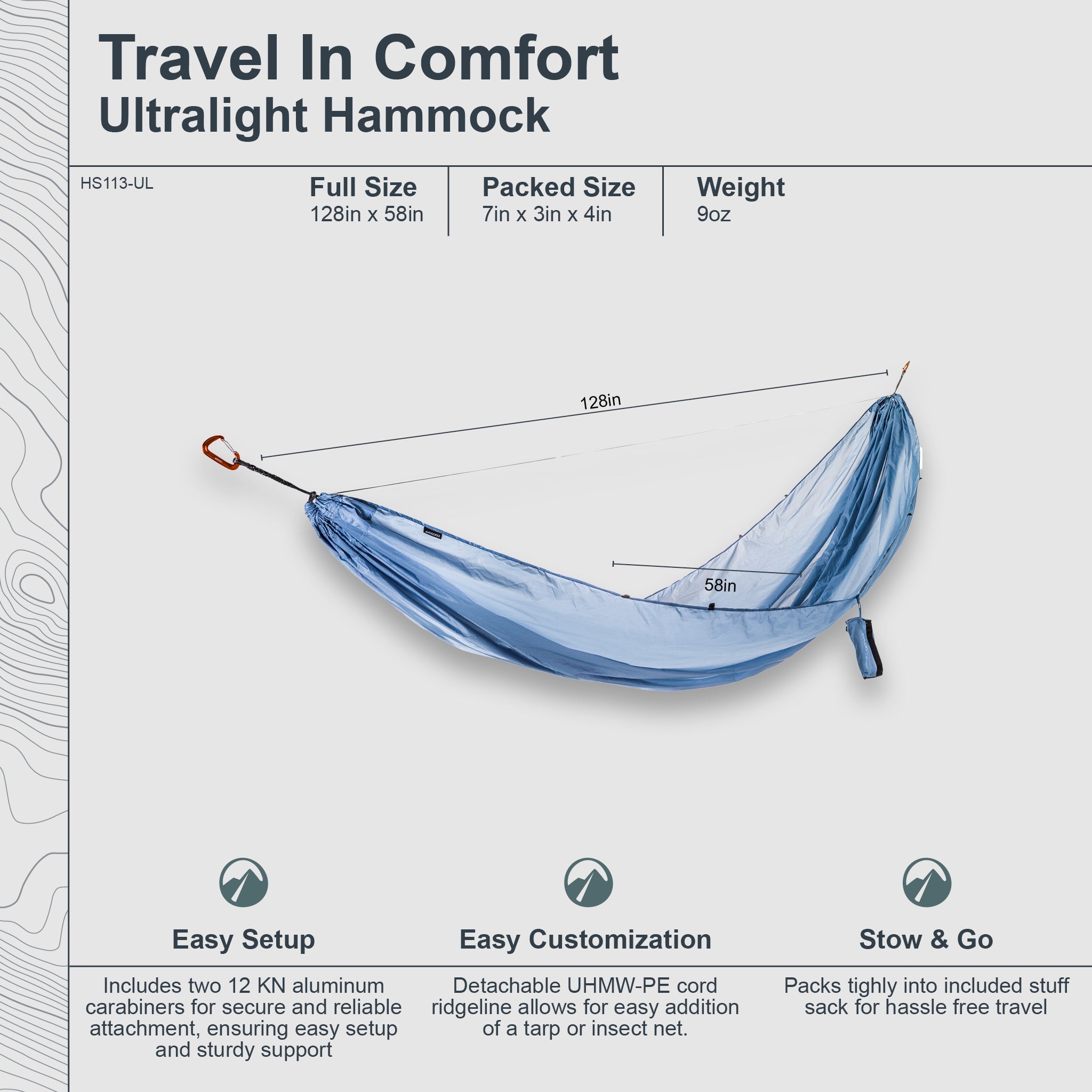 Ultralight single travel hammock by COCOON, shown hanging outdoors, ideal for backpacking and camping adventures.