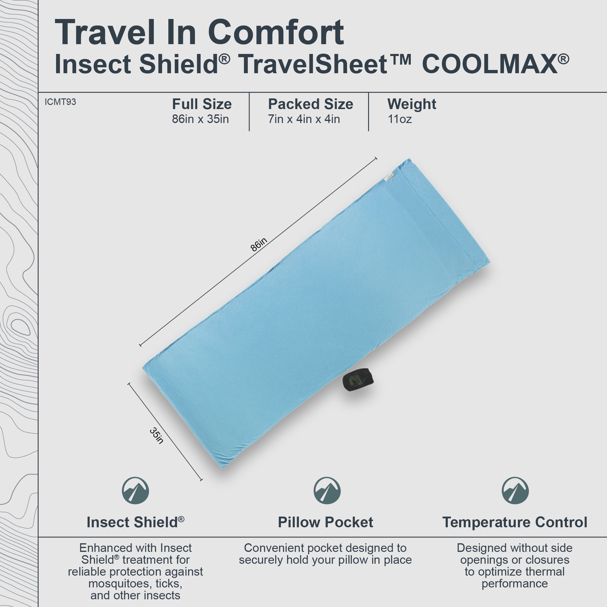 Cocoon Insect Shield TravelSheet™ made with COOLMAX fabric, lightweight and breathable for outdoor camping and travel.