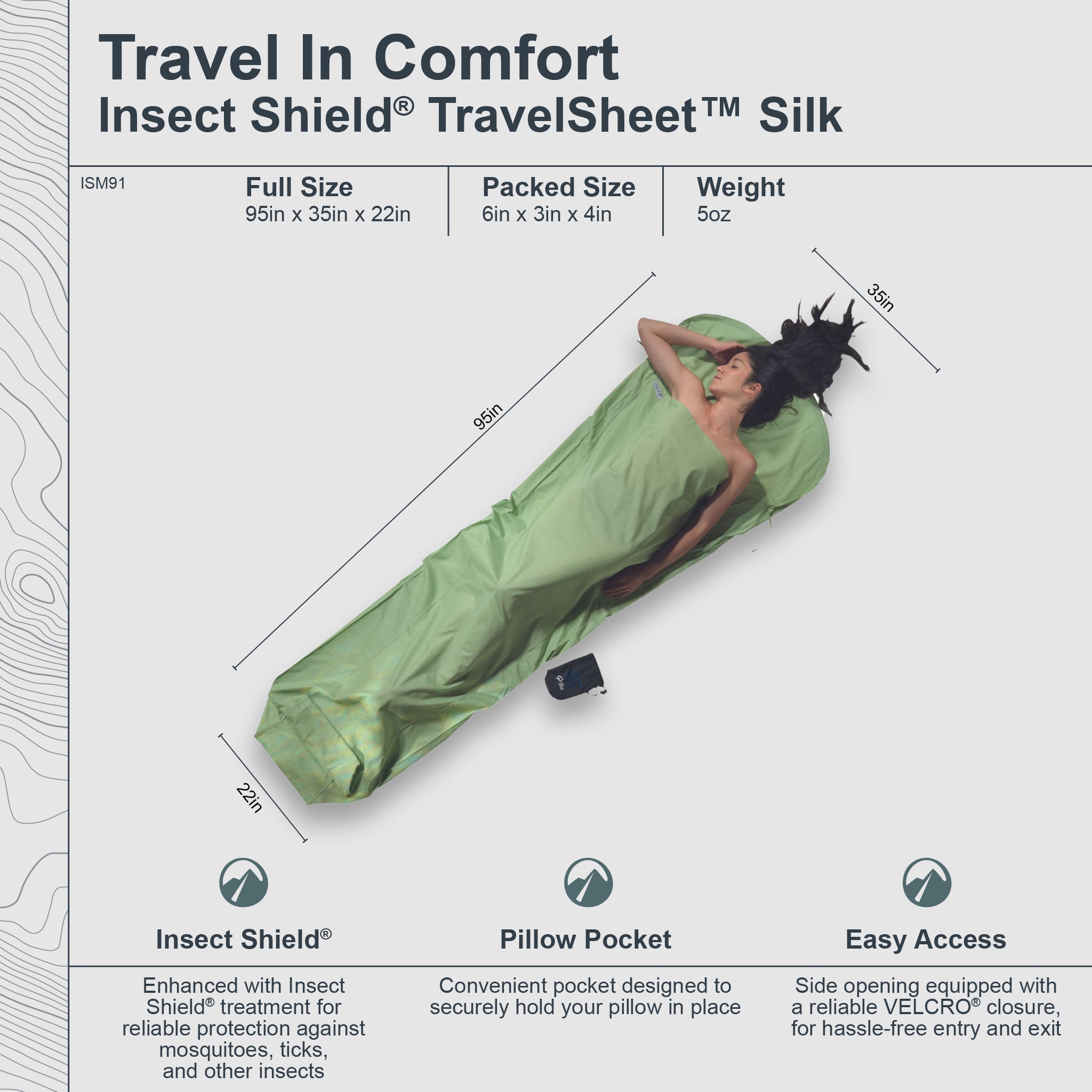 Insect Shield® MummyLiner™ Silk by COCOON, showcasing lightweight, protective fabric for outdoor sleeping comfort.