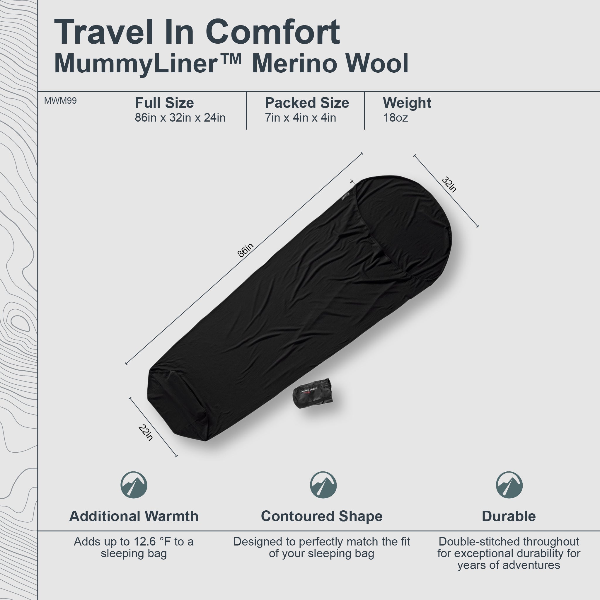 COCOON MummyLiner™ Merino Wool sleeping bag liner, soft and breathable wool material for added warmth and comfort.