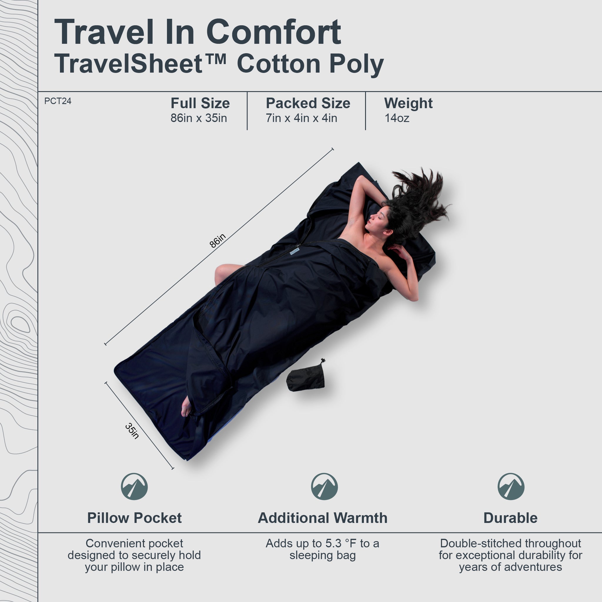 Cocoon TravelSheet cotton-poly blend sleeping bag liner with zipped opening and lightweight, breathable fabric for travel comfort.